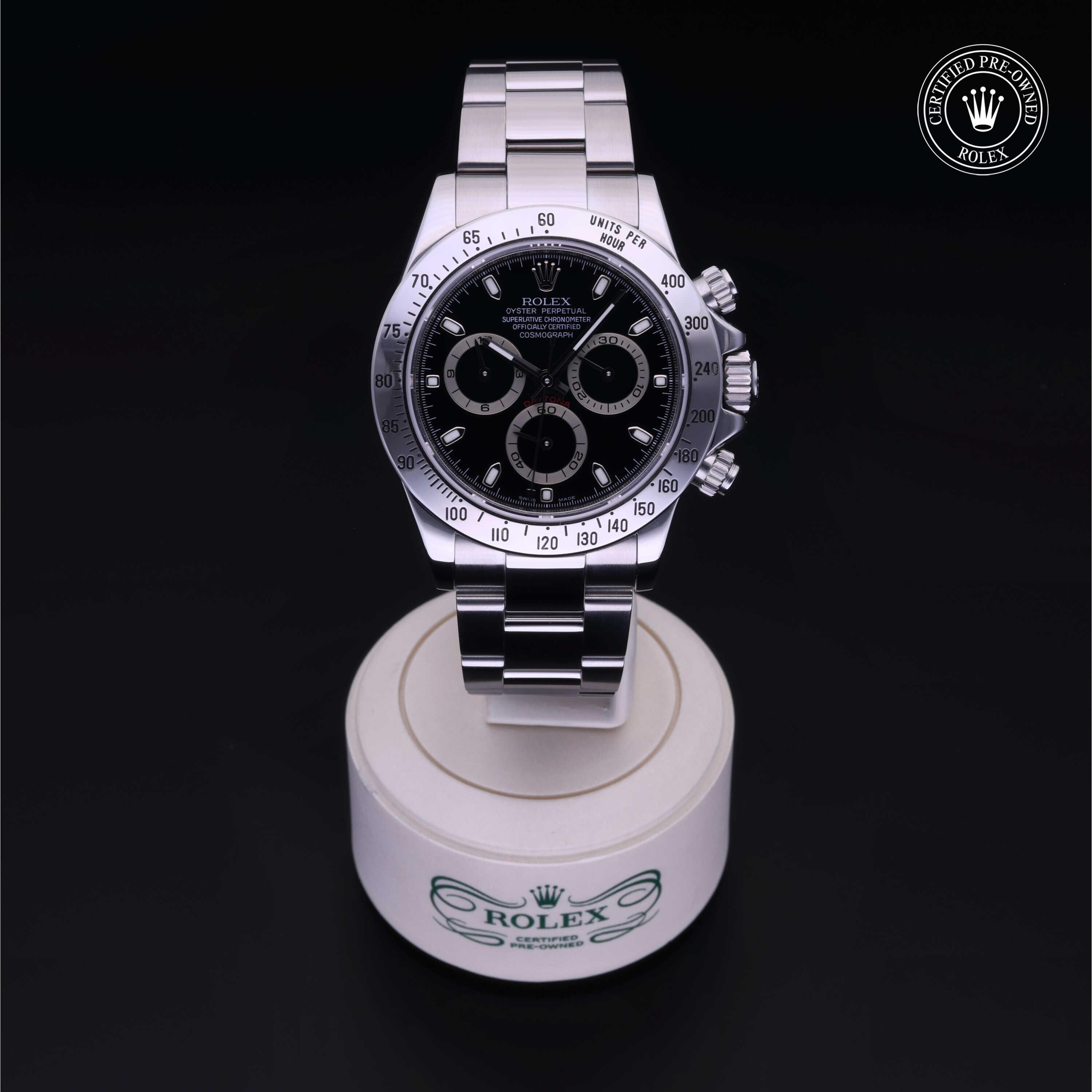 Rolex Certified Pre-owned Daytona M116520-0011 front on black background