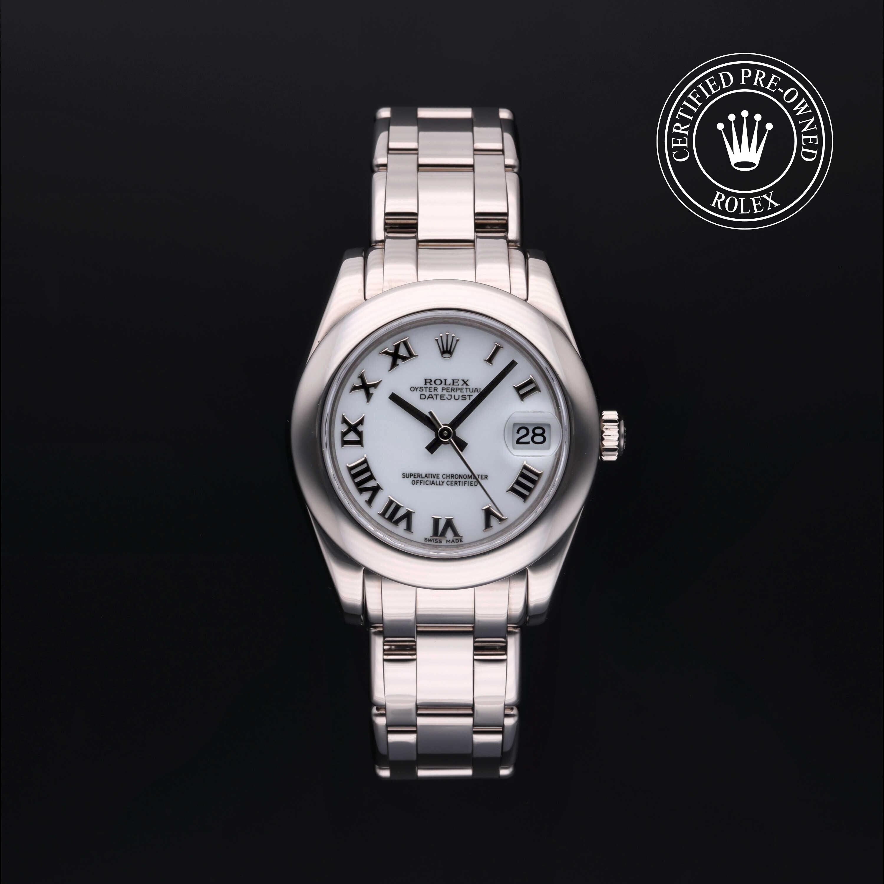 Rolex Certified Pre-owned Pearlmaster M81209-0044 front on black background