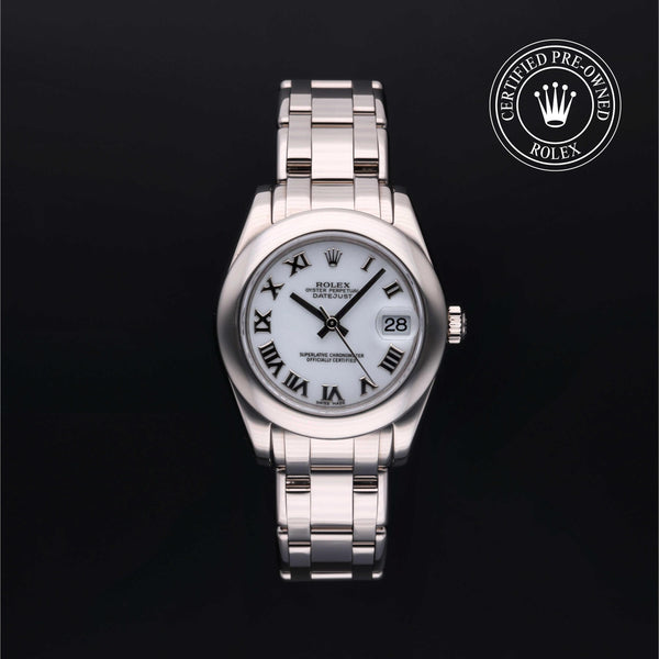 Rolex Certified Pre-owned Pearlmaster M81209-0044 front on black background
