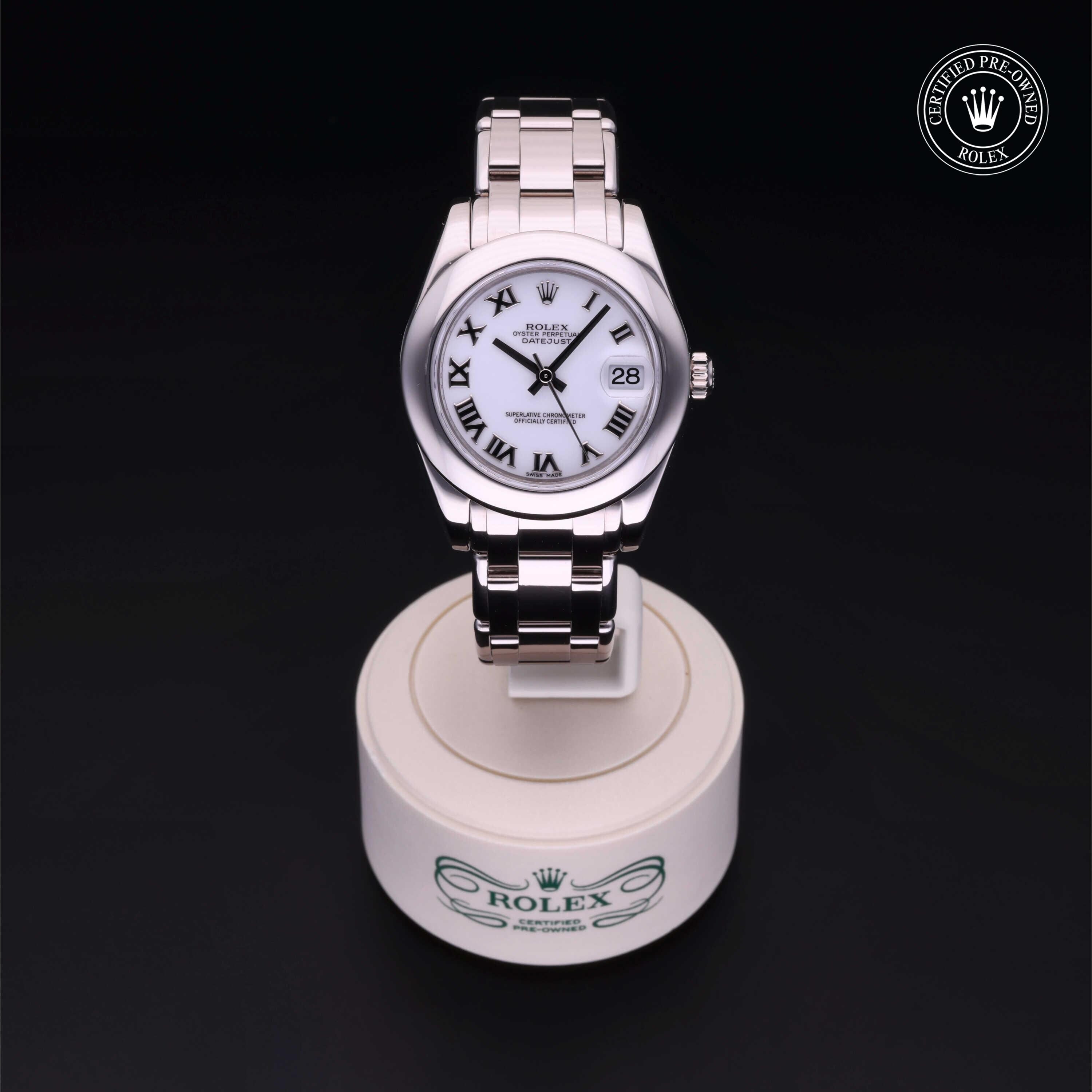 Rolex Certified Pre-owned Pearlmaster M81209-0044 front on black background