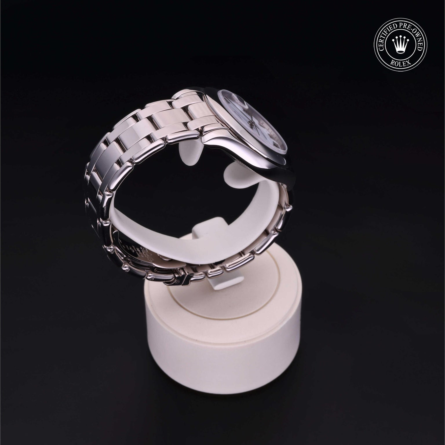Rolex Certified Pre-owned Pearlmaster M81209-0044 front on black background