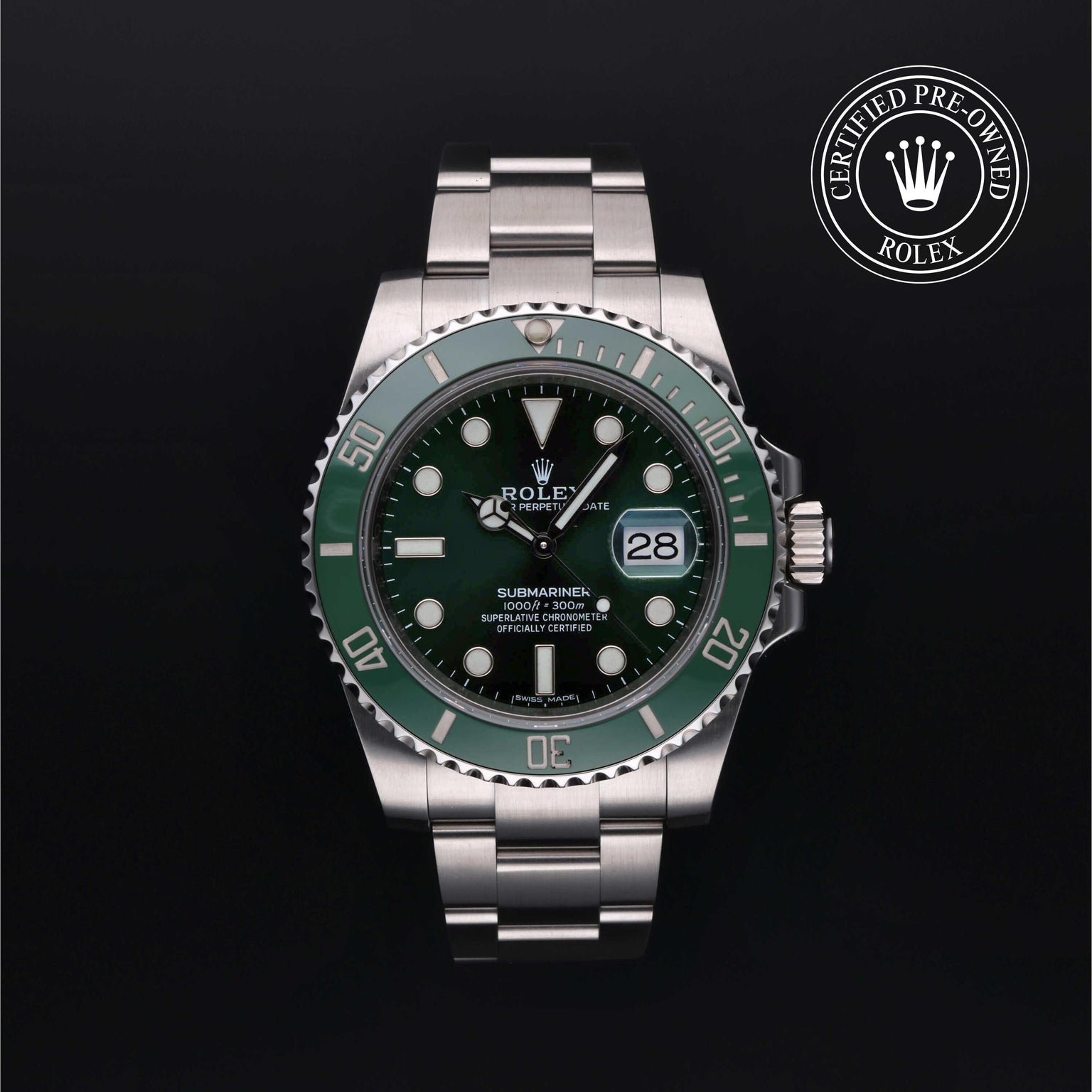 Rolex Certified Pre-owned Submariner M116610LV-0002 front on black background