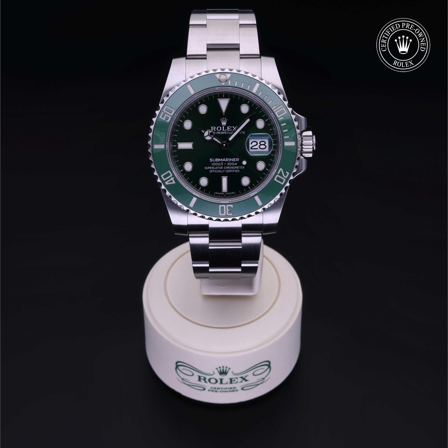 Rolex Certified Pre-owned Submariner M116610LV-0002 front on black background