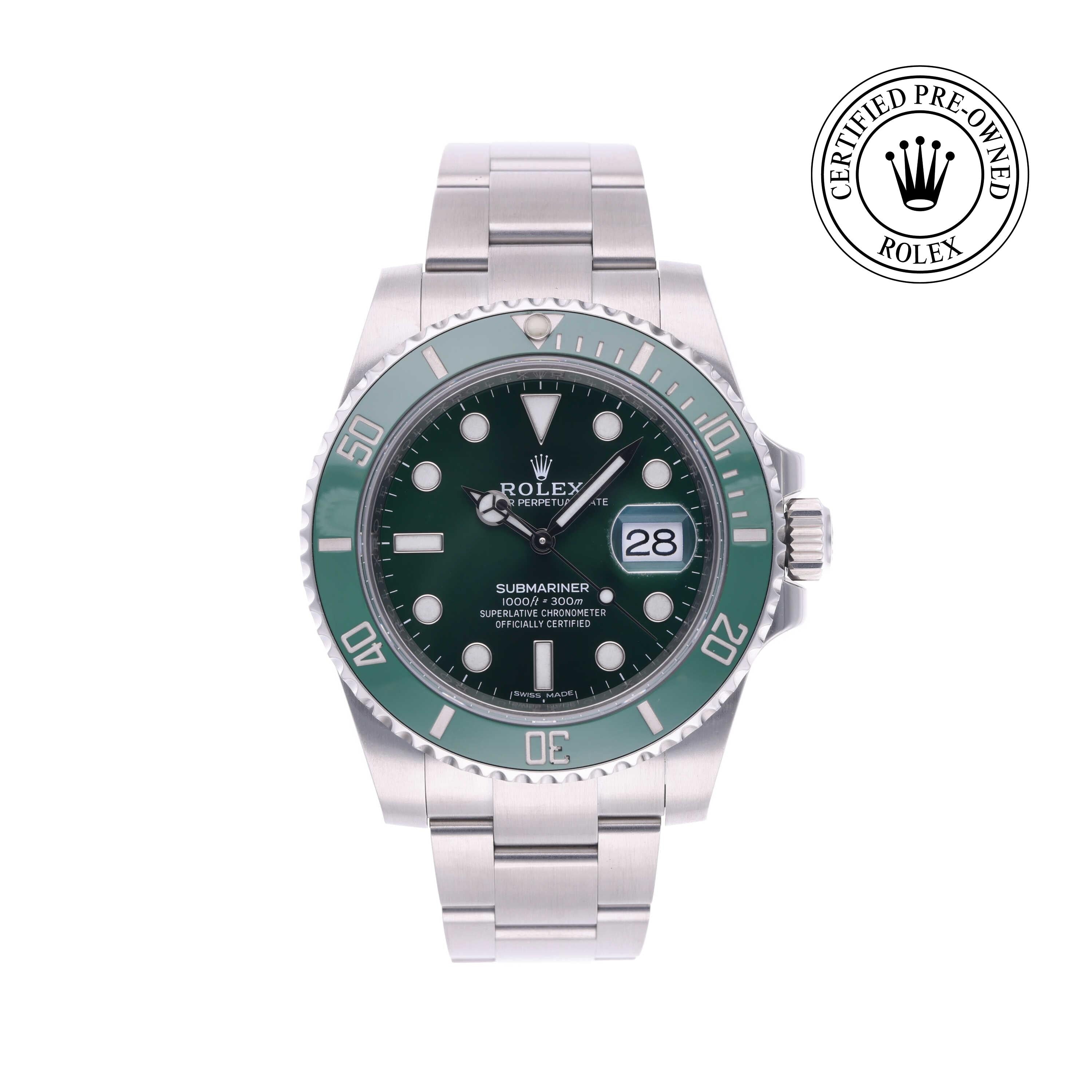 Rolex Certified Pre-owned Submariner M116610LV-0002 front on white background