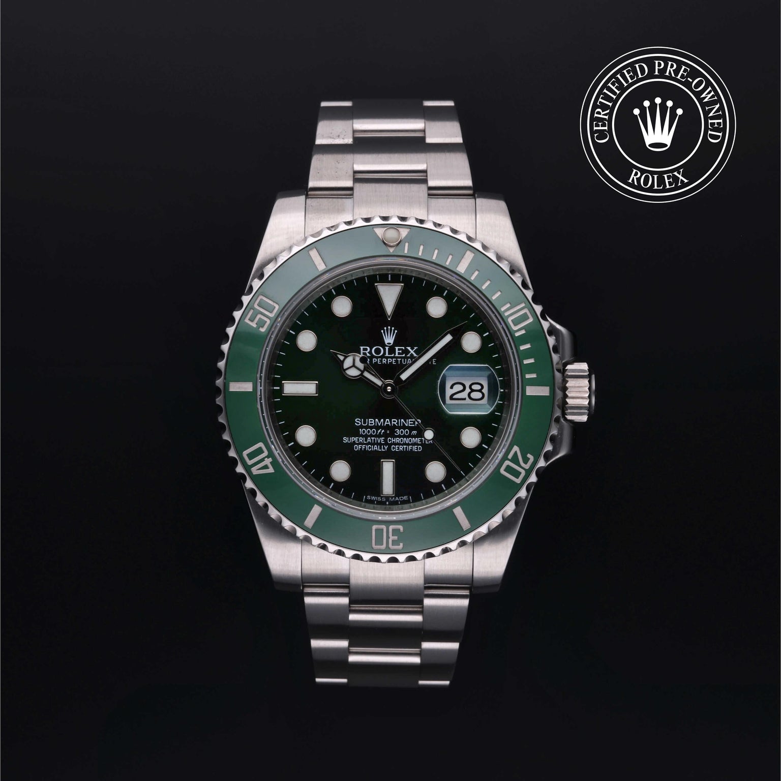 Rolex Certified Pre-owned Submariner M116610LV-0002 front on black background