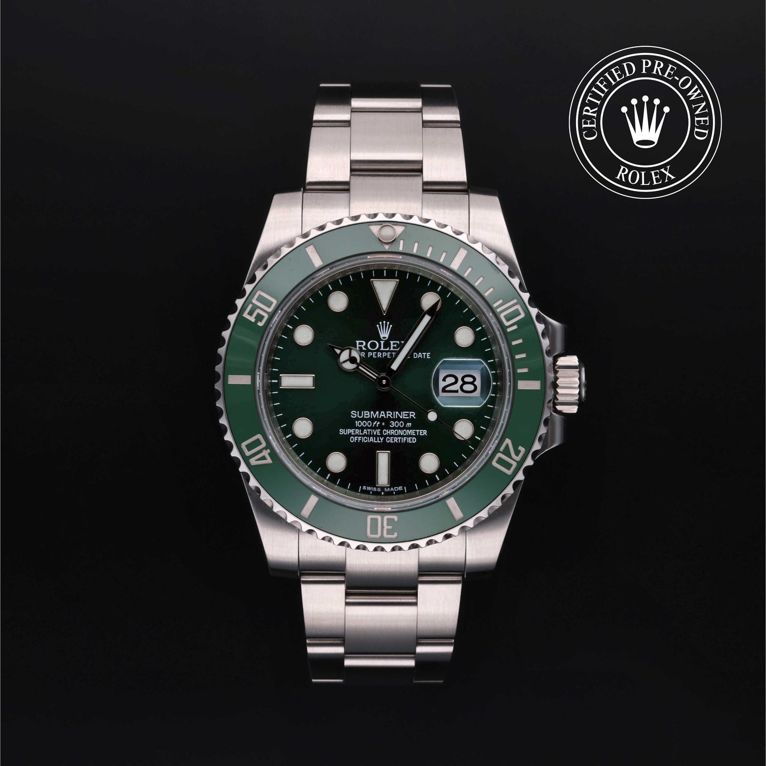 Rolex Certified Pre-owned Submariner M116610LV-0002 front on black background