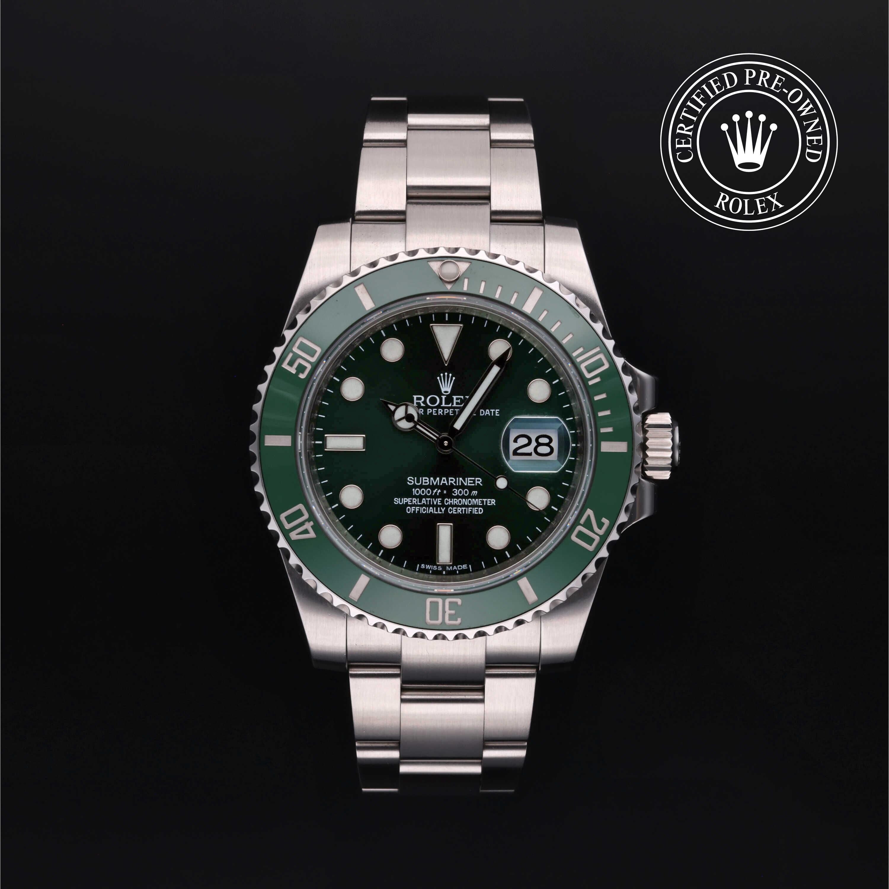 Rolex Certified Pre-owned Submariner M116610LV-0002 front on black background