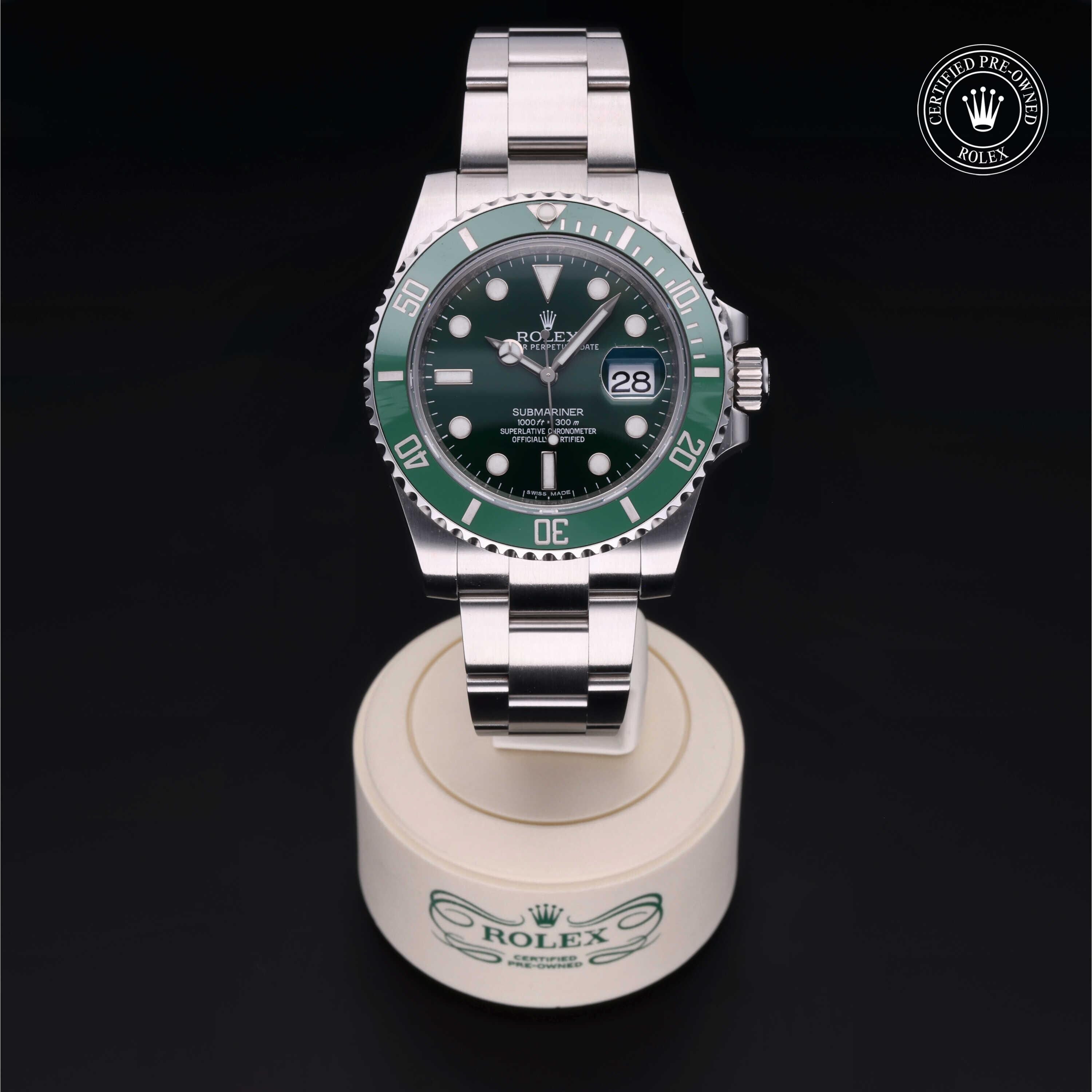 Rolex Certified Pre-owned Submariner M116610LV-0002 front on black background