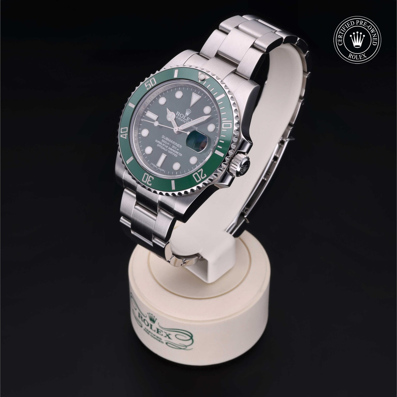 Rolex Certified Pre-owned Submariner M116610LV-0002 front on black background