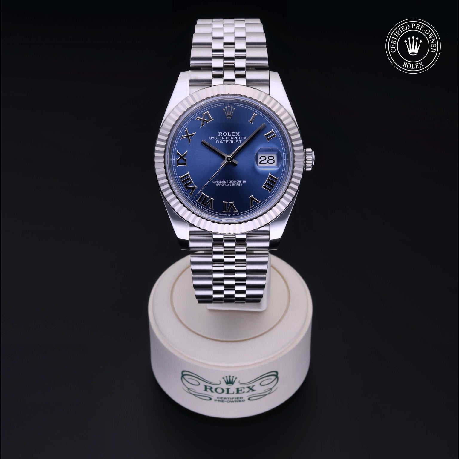 Rolex Certified Pre-owned Datejust M126334-0026 front on black background