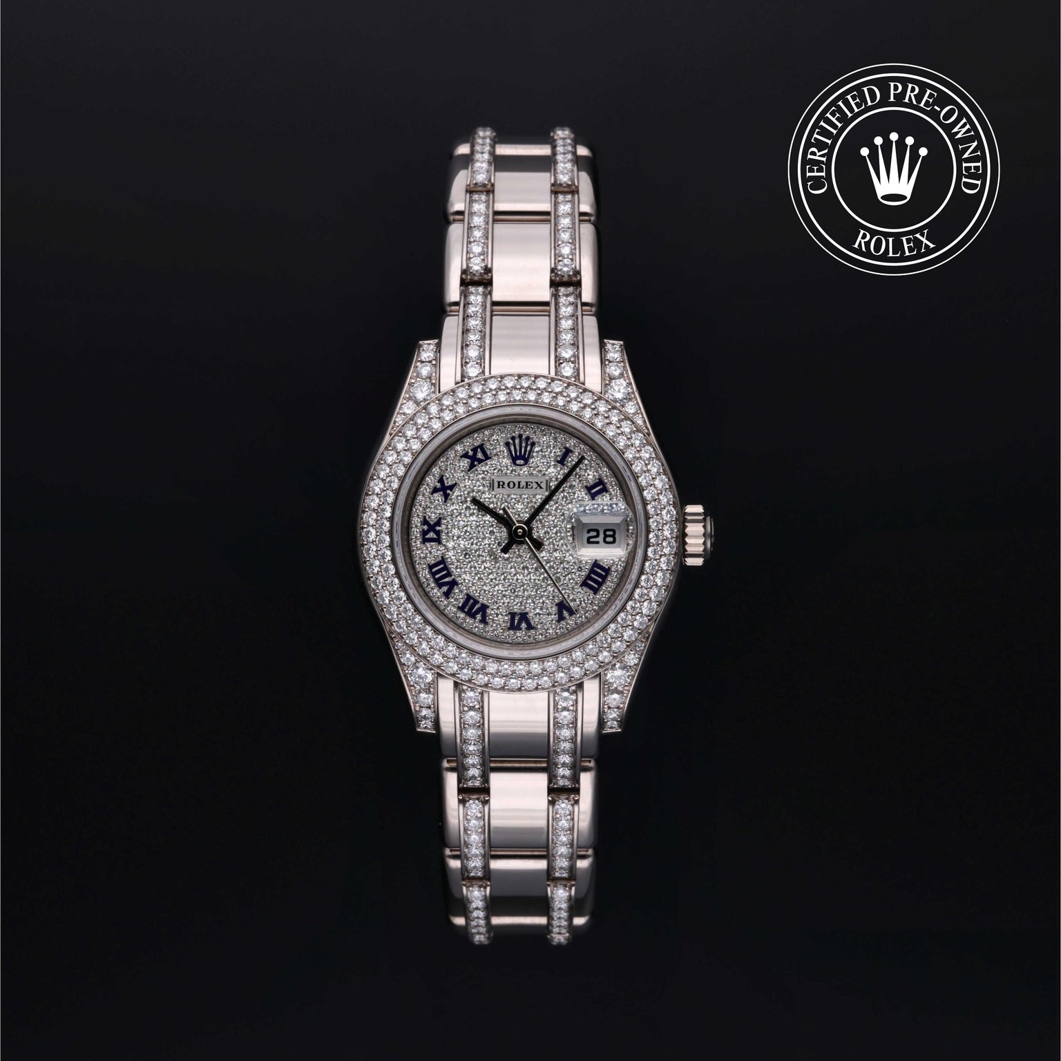 Rolex Certified Pre-owned Pearlmaster M80359-0029 front on black background