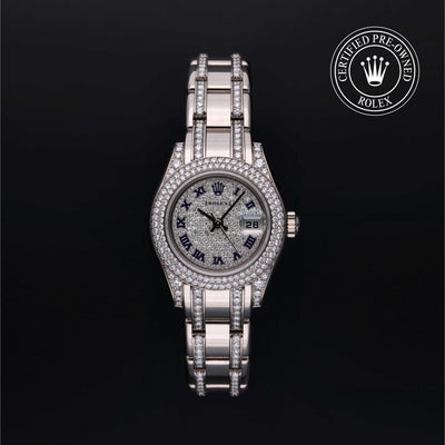 Rolex Certified Pre-owned Pearlmaster M80359-0029 front on black background