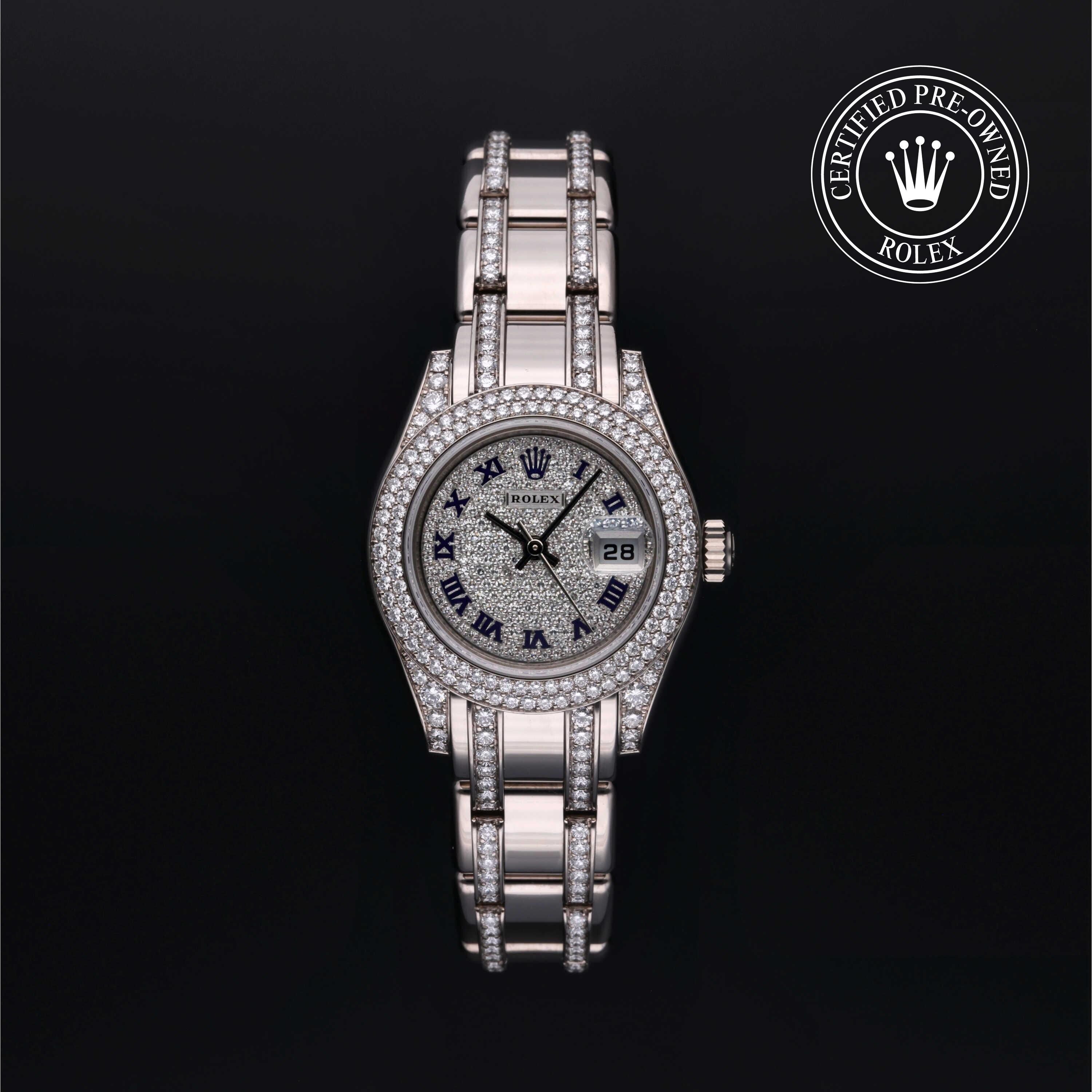 Rolex Certified Pre-owned Pearlmaster M80359-0029 front on black background