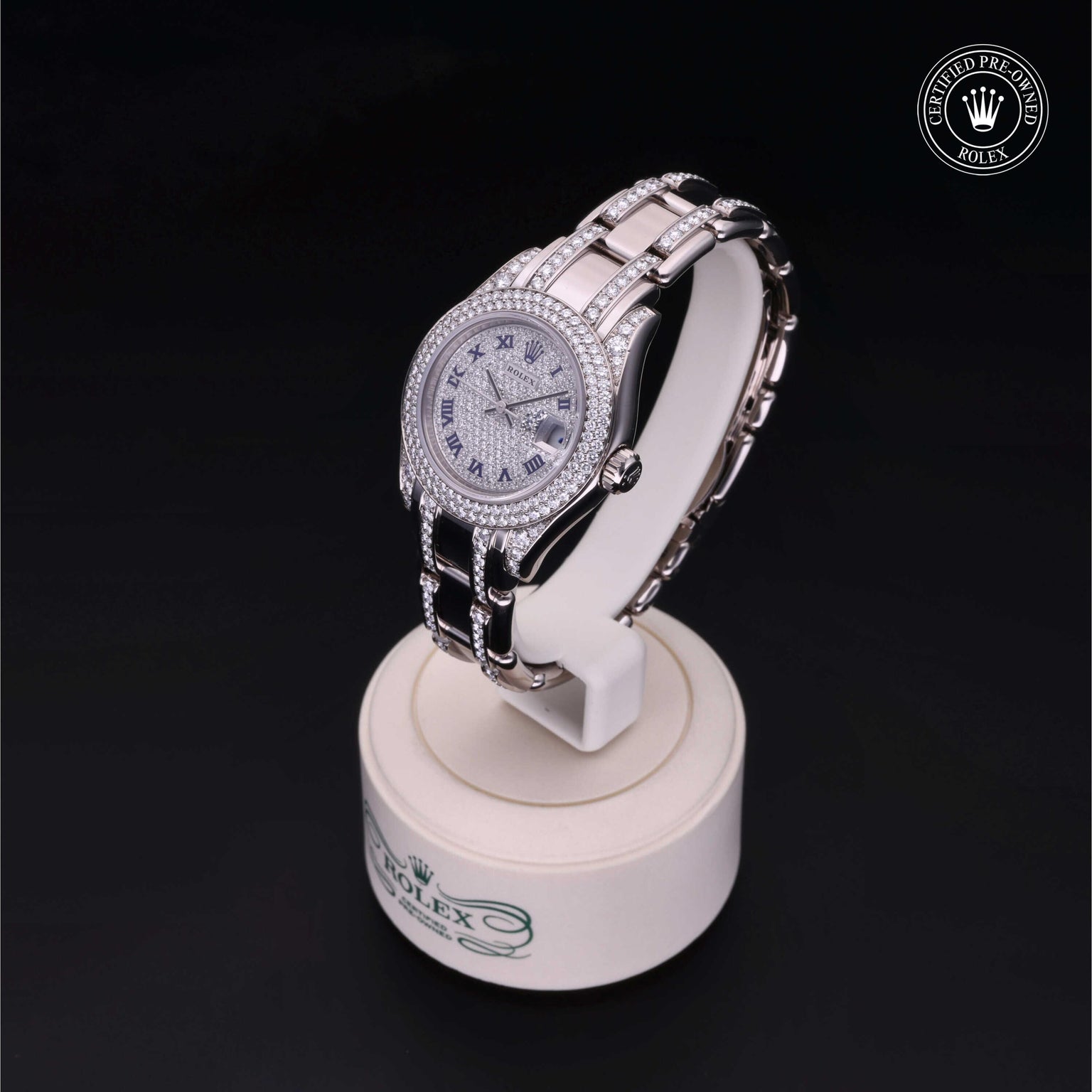Rolex Certified Pre-owned Pearlmaster M80359-0029 front on black background