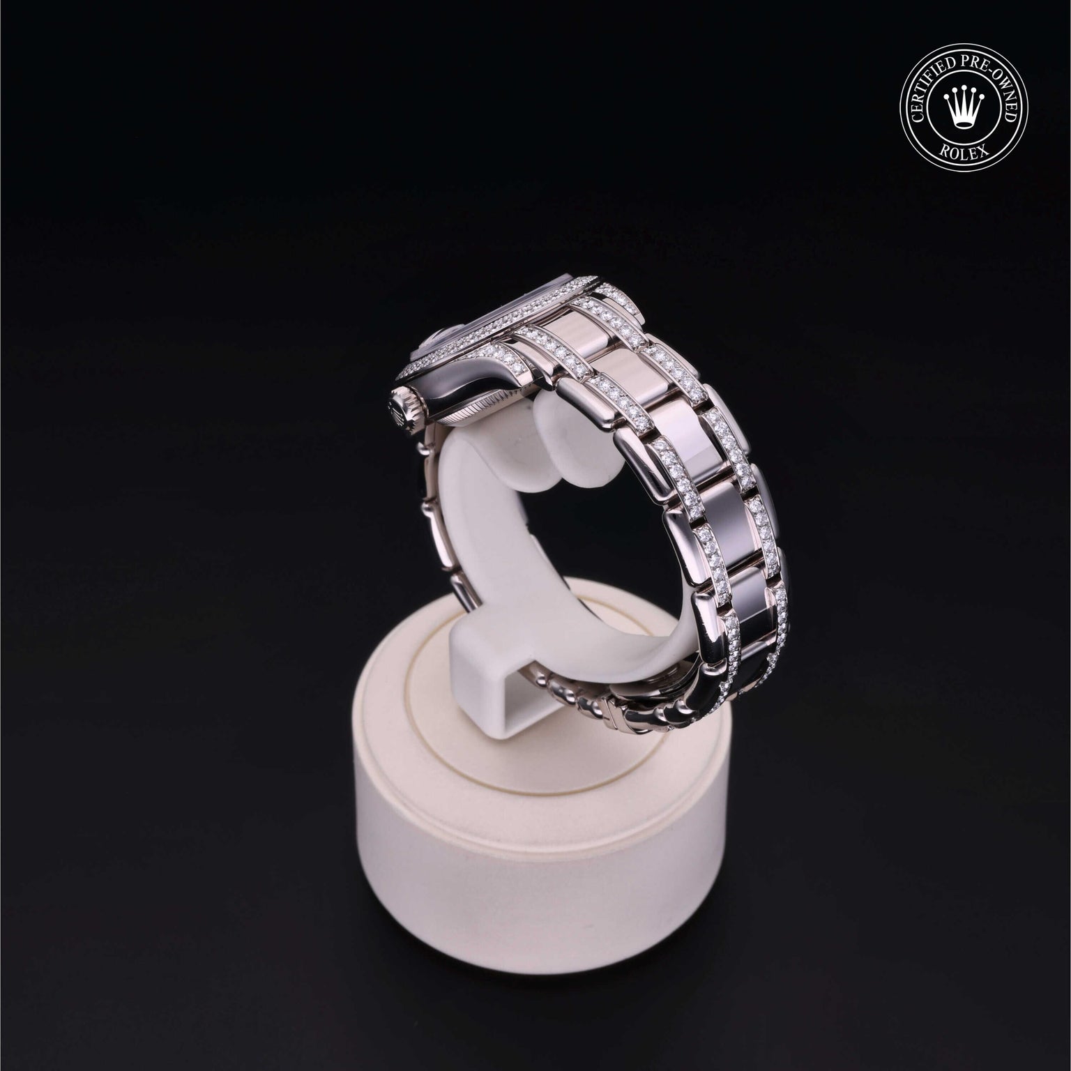 Rolex Certified Pre-owned Pearlmaster M80359-0029 front on black background