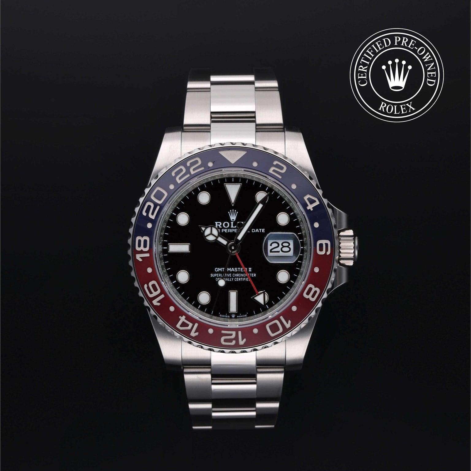 Rolex Certified Pre-owned GMT II M126710BLRO-0002 front on black background