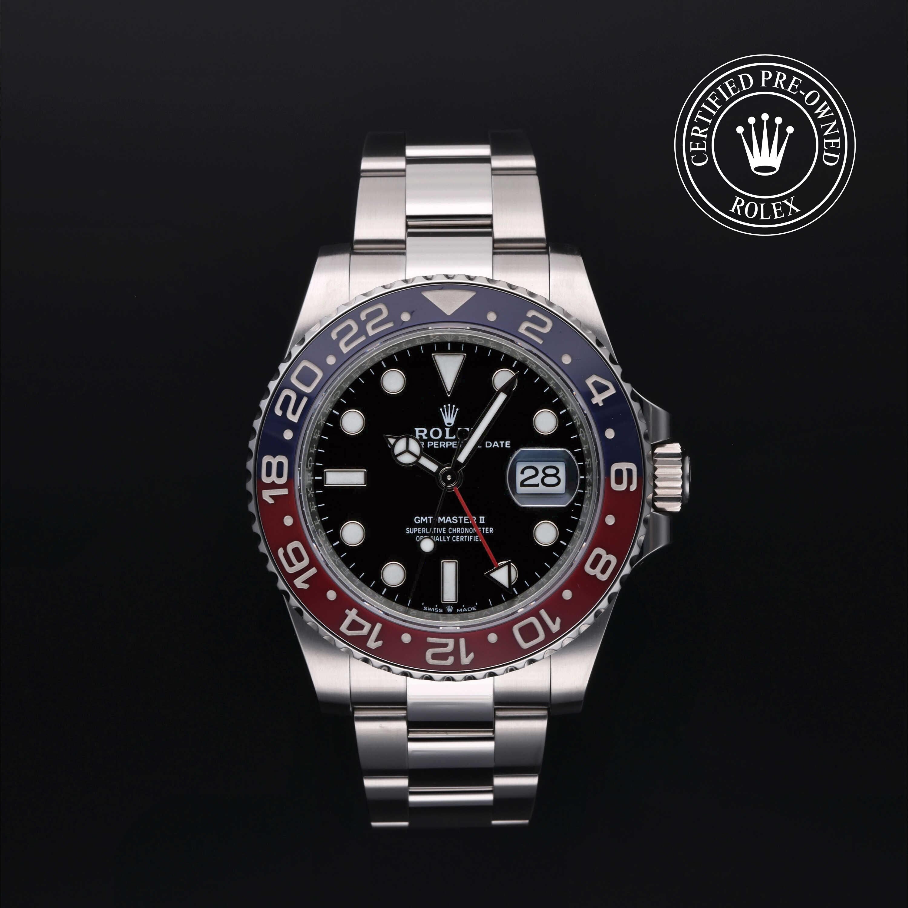 Rolex Certified Pre-owned GMT II M126710BLRO-0002 front on black background