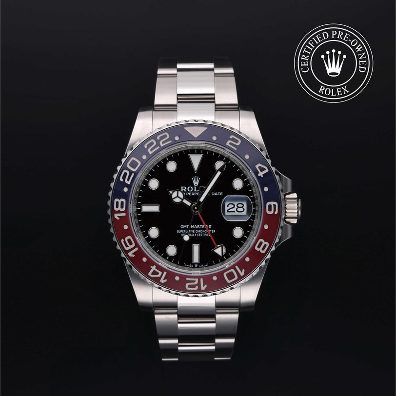 Rolex Certified Pre-owned GMT II M126710BLRO-0002 front on black background
