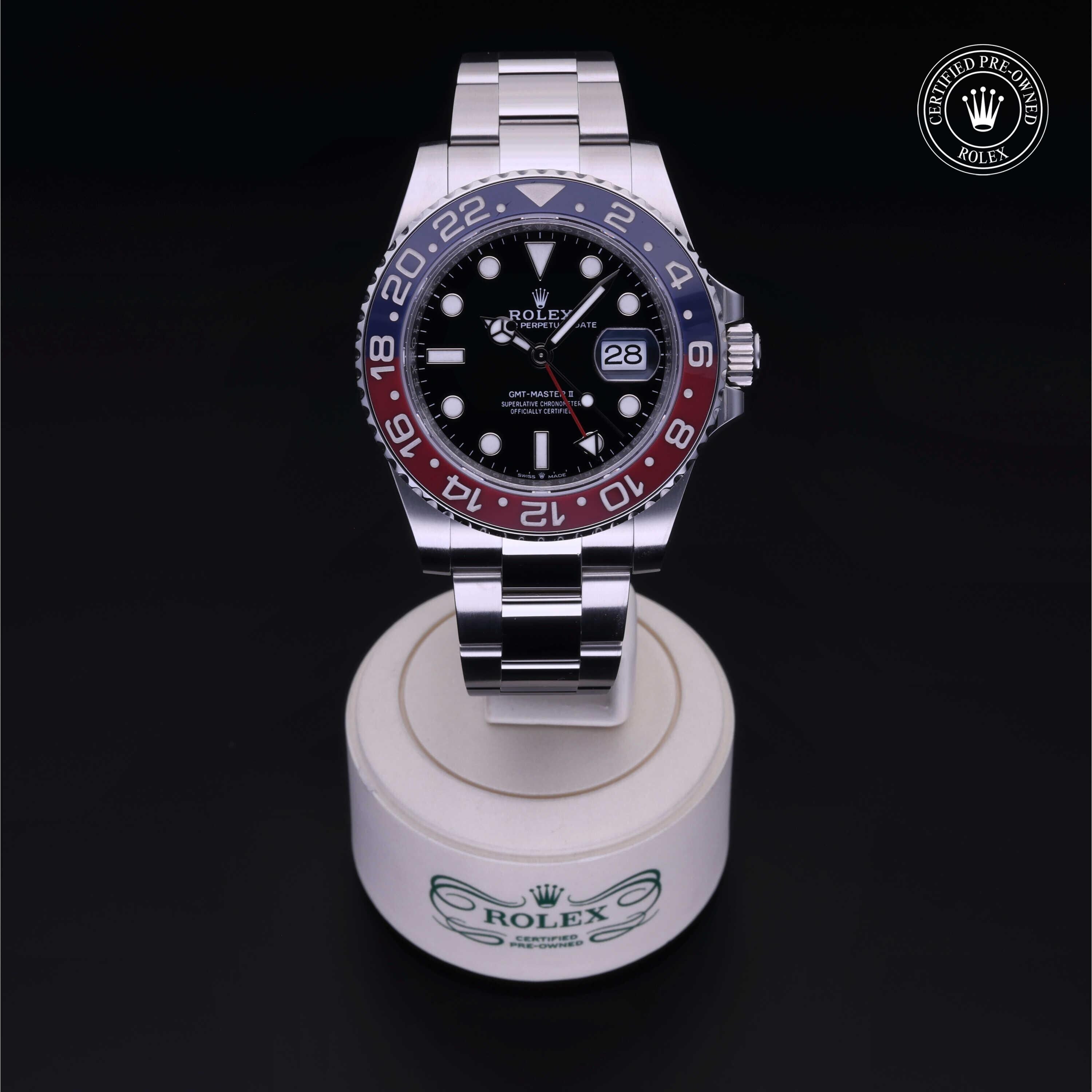 Rolex Certified Pre-owned GMT II M126710BLRO-0002 front on black background