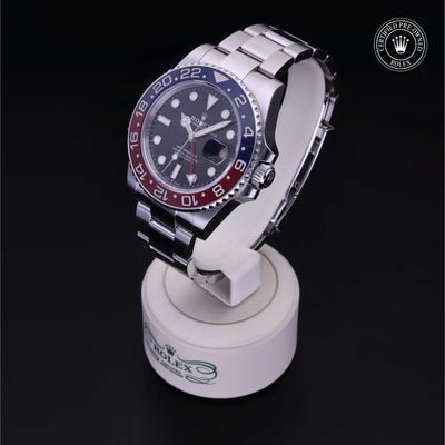 Rolex Certified Pre-owned GMT II M126710BLRO-0002 front on black background