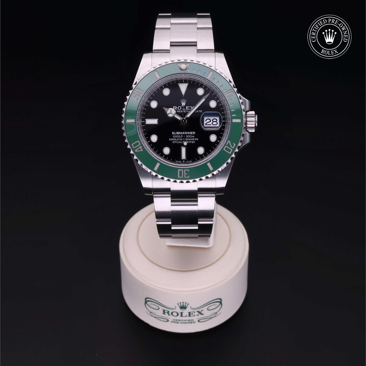 Rolex Certified Pre-owned Submariner Date M126610LV-0002 front on black background
