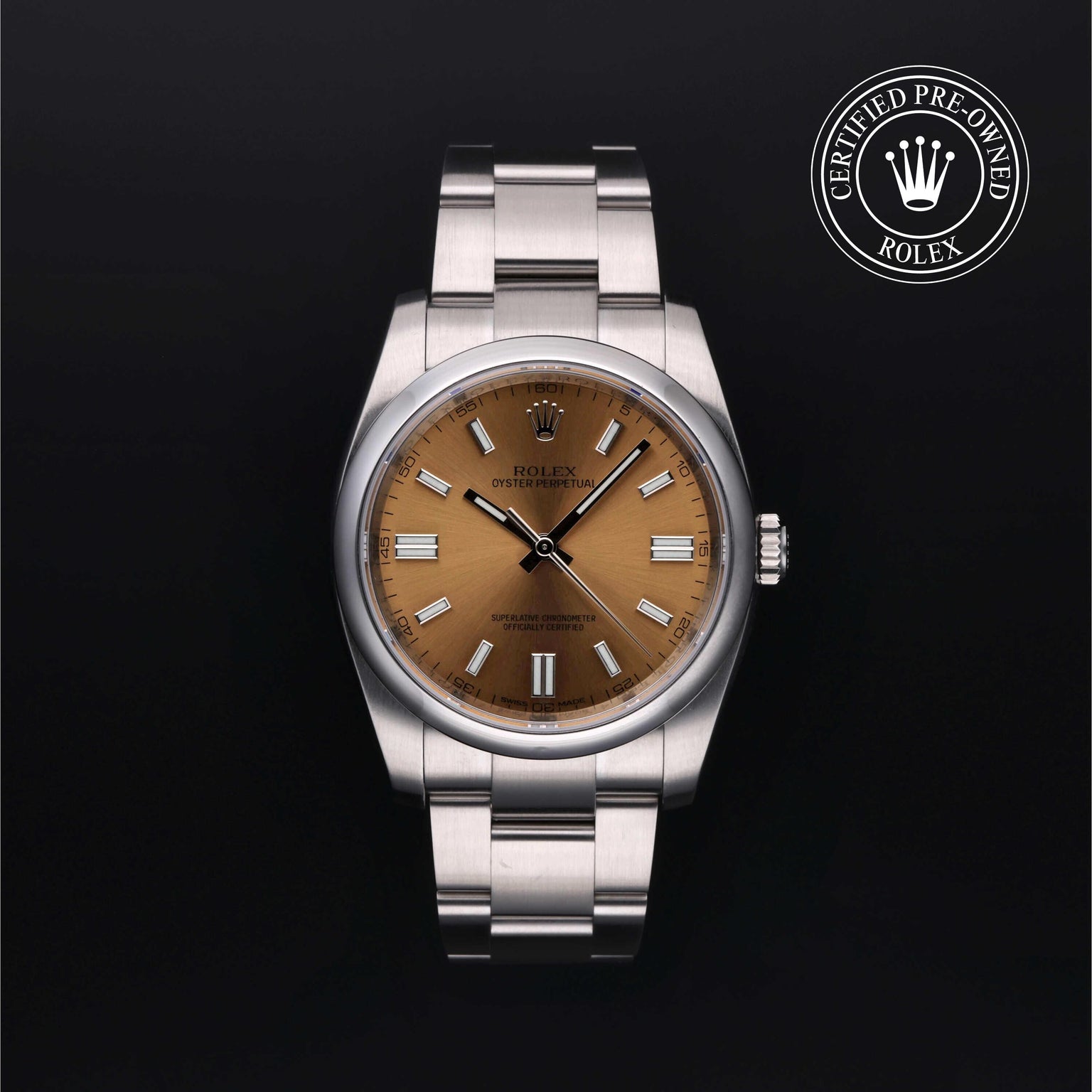 Rolex Certified Pre-owned Oyster Perpetual M116000-0011 front on black background