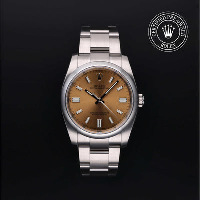 Rolex Certified Pre-owned Oyster Perpetual M116000-0011 front on black background