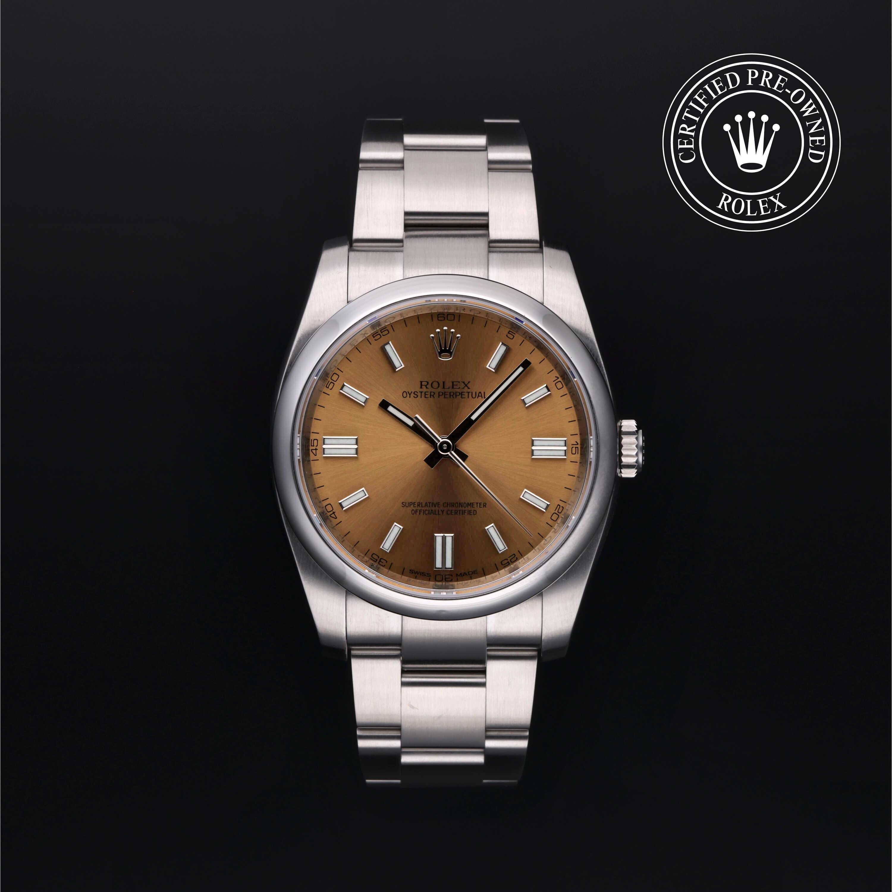 Rolex Certified Pre-owned Oyster Perpetual M116000-0011 front on black background