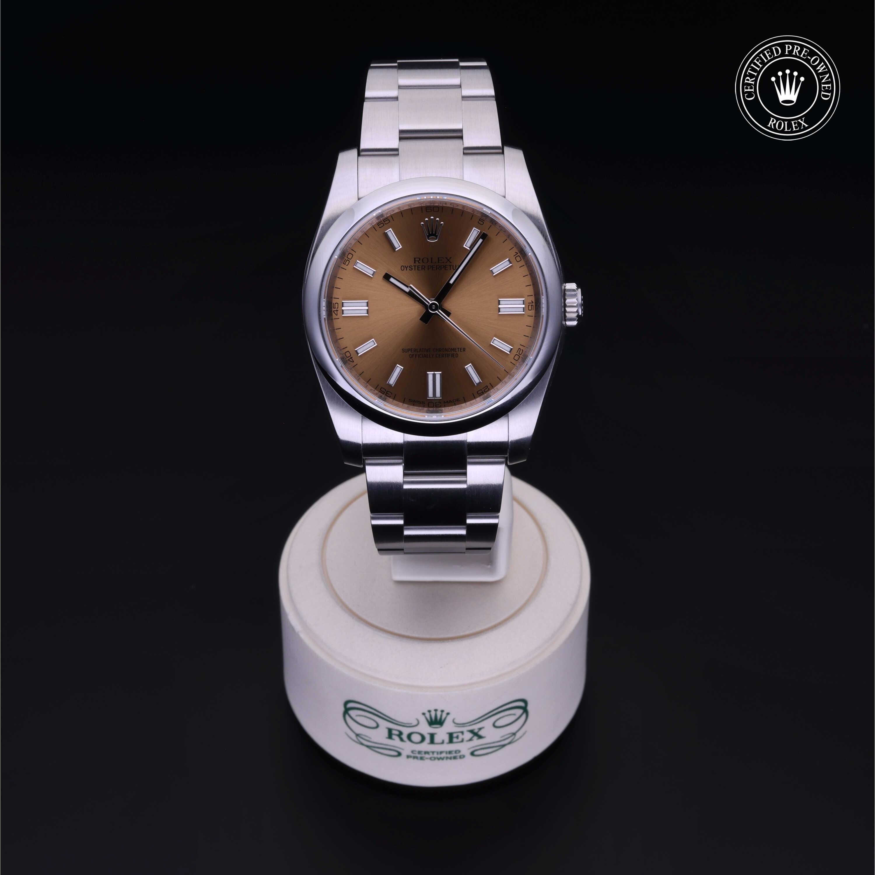 Rolex Certified Pre-owned Oyster Perpetual M116000-0011 front on black background