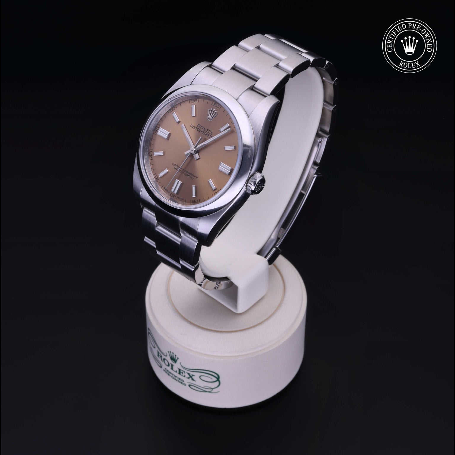 Rolex Certified Pre-owned Oyster Perpetual M116000-0011 front on black background