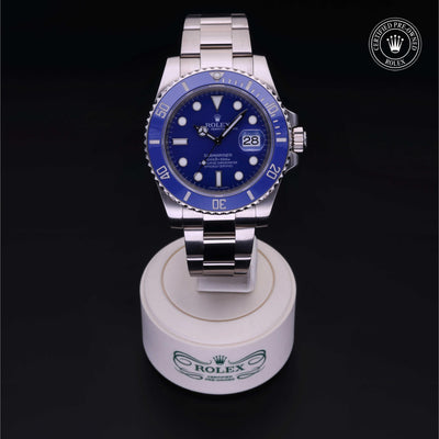 Rolex Certified Pre-owned Submariner M116619LB-0001 front on black background
