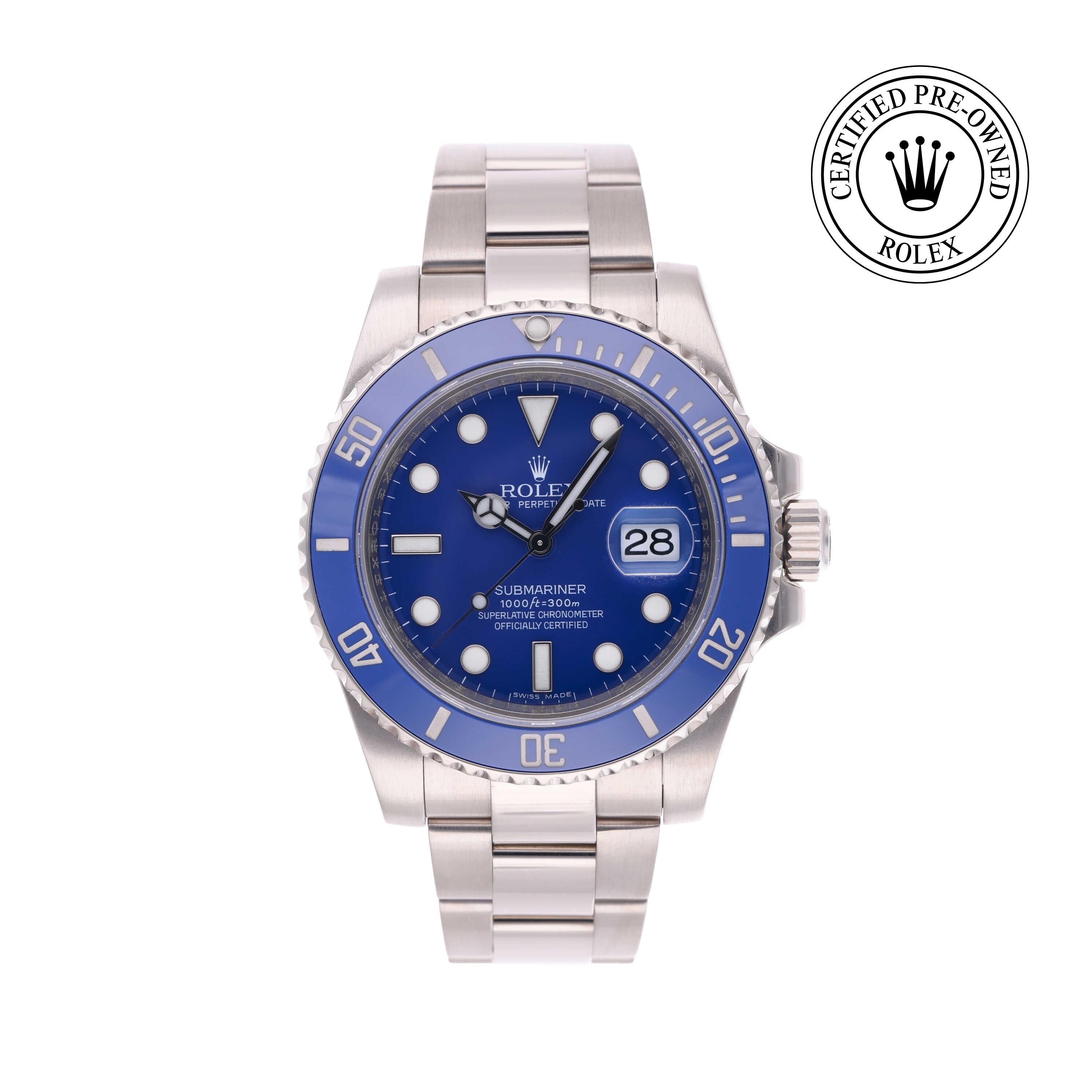 Rolex Certified Pre-owned Submariner M116619LB-0001 front on white background