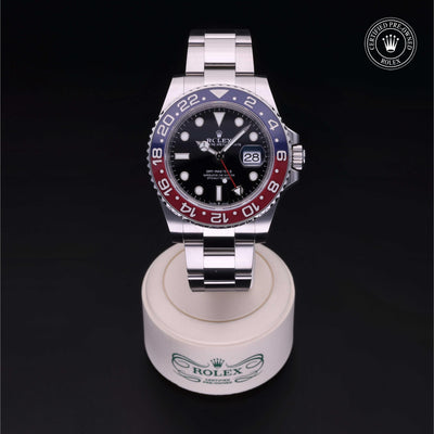 Rolex Certified Pre-owned GMT M126710BLRO-0002 front on black background