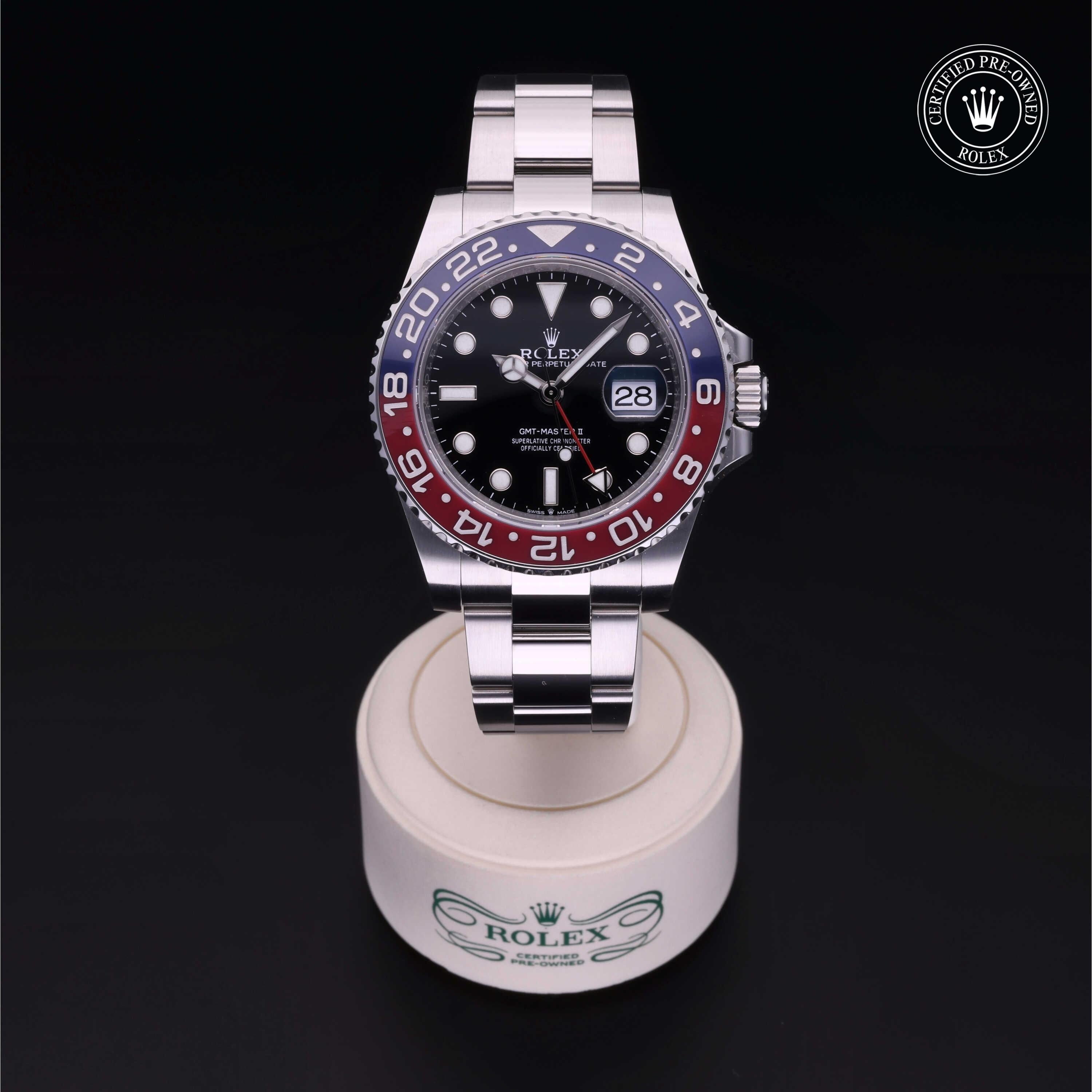 Rolex Certified Pre-owned GMT M126710BLRO-0002 front on black background