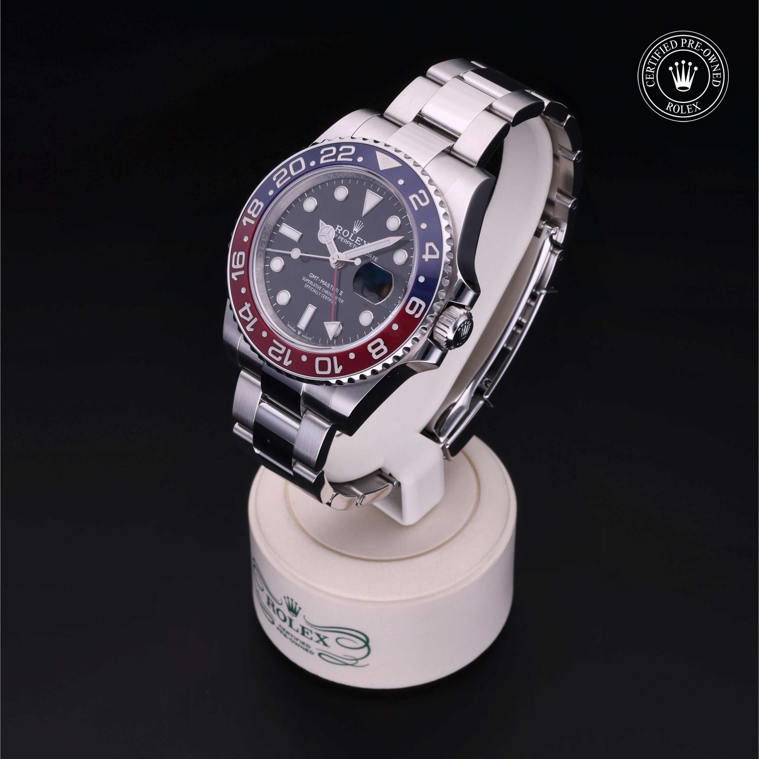 Rolex Certified Pre-owned GMT M126710BLRO-0002 front on black background