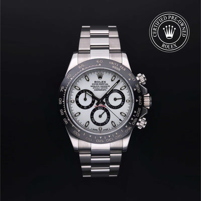Rolex Certified Pre-owned Daytona M116500LN-0001 front on black background