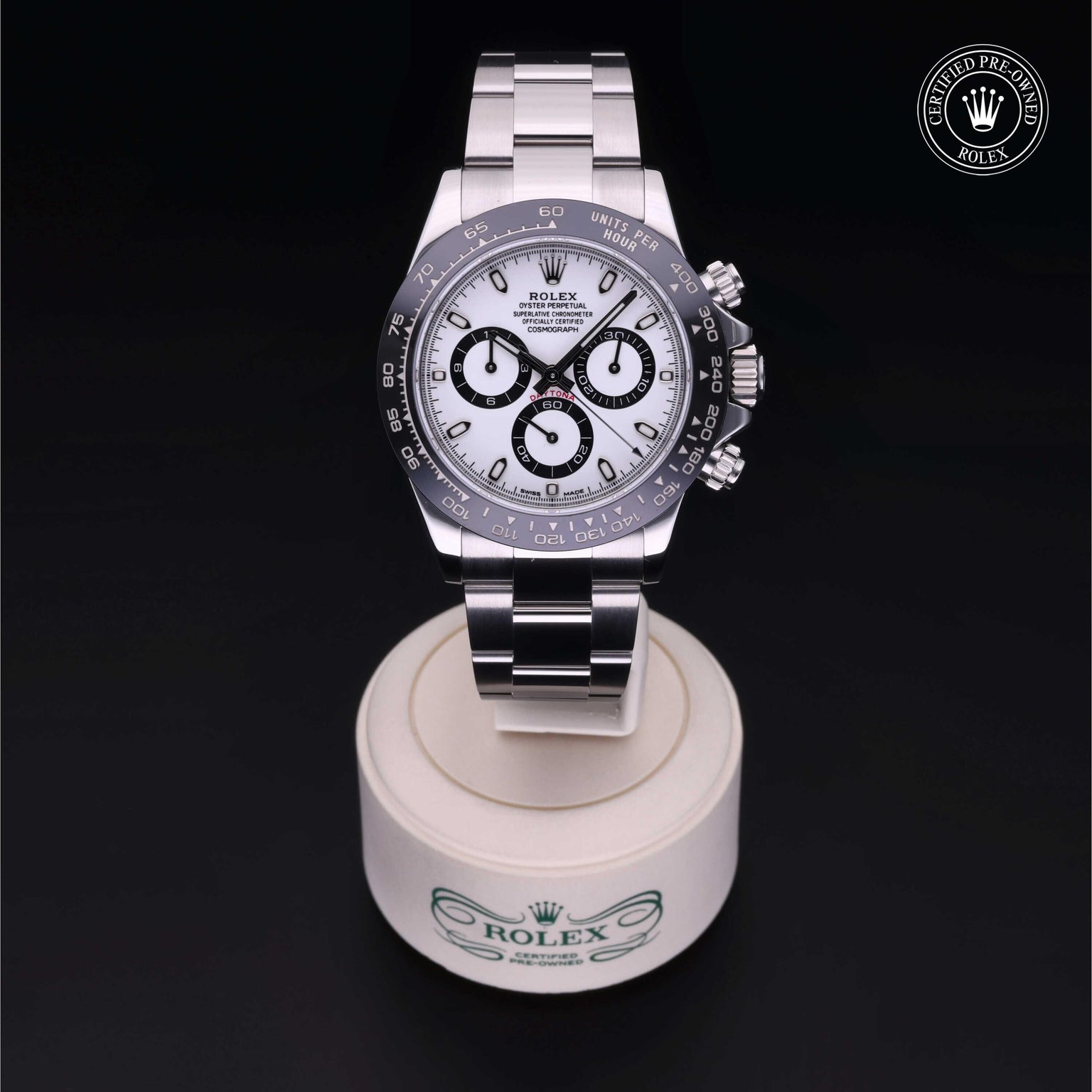 Rolex Certified Pre-owned Daytona M116500LN-0001 front on black background