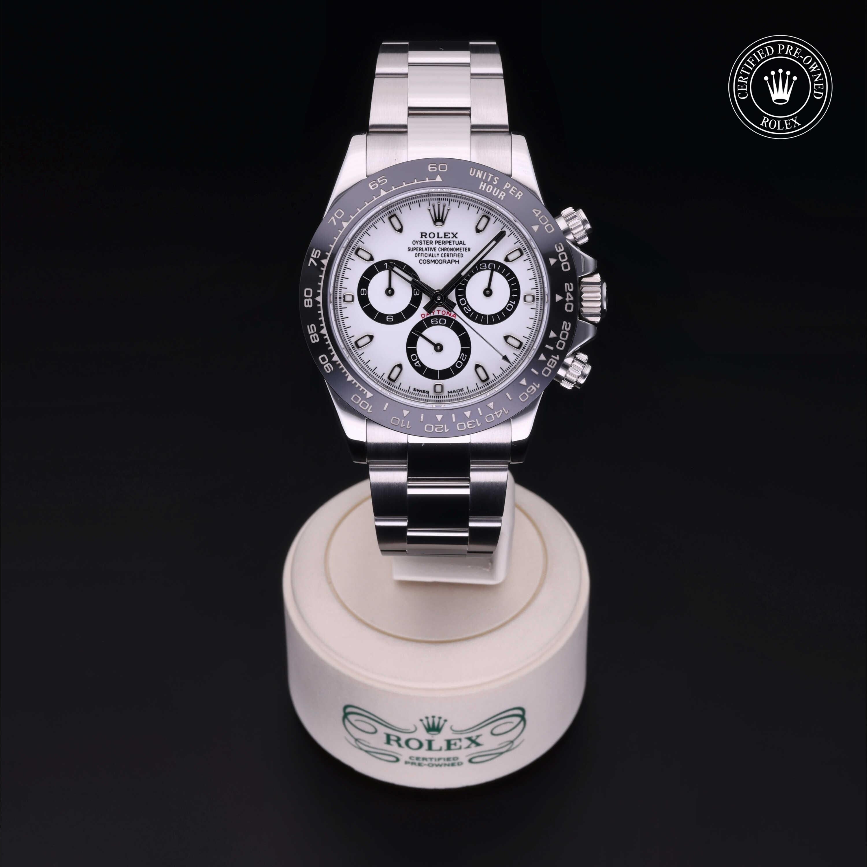 Rolex Certified Pre-owned Daytona M116500LN-0001 front on black background