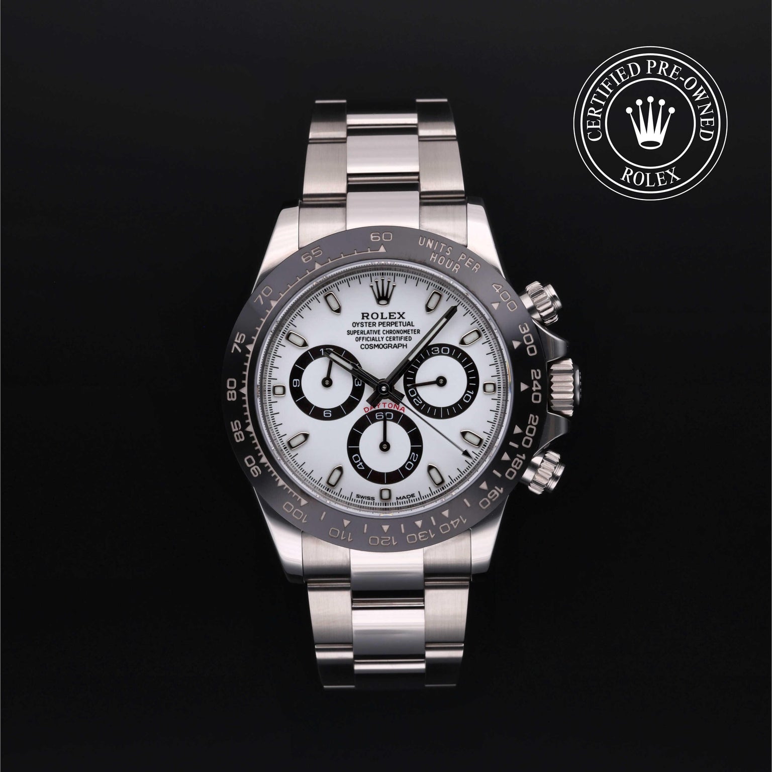 Rolex Certified Pre-owned Daytona M116500LN-0001 front on black background