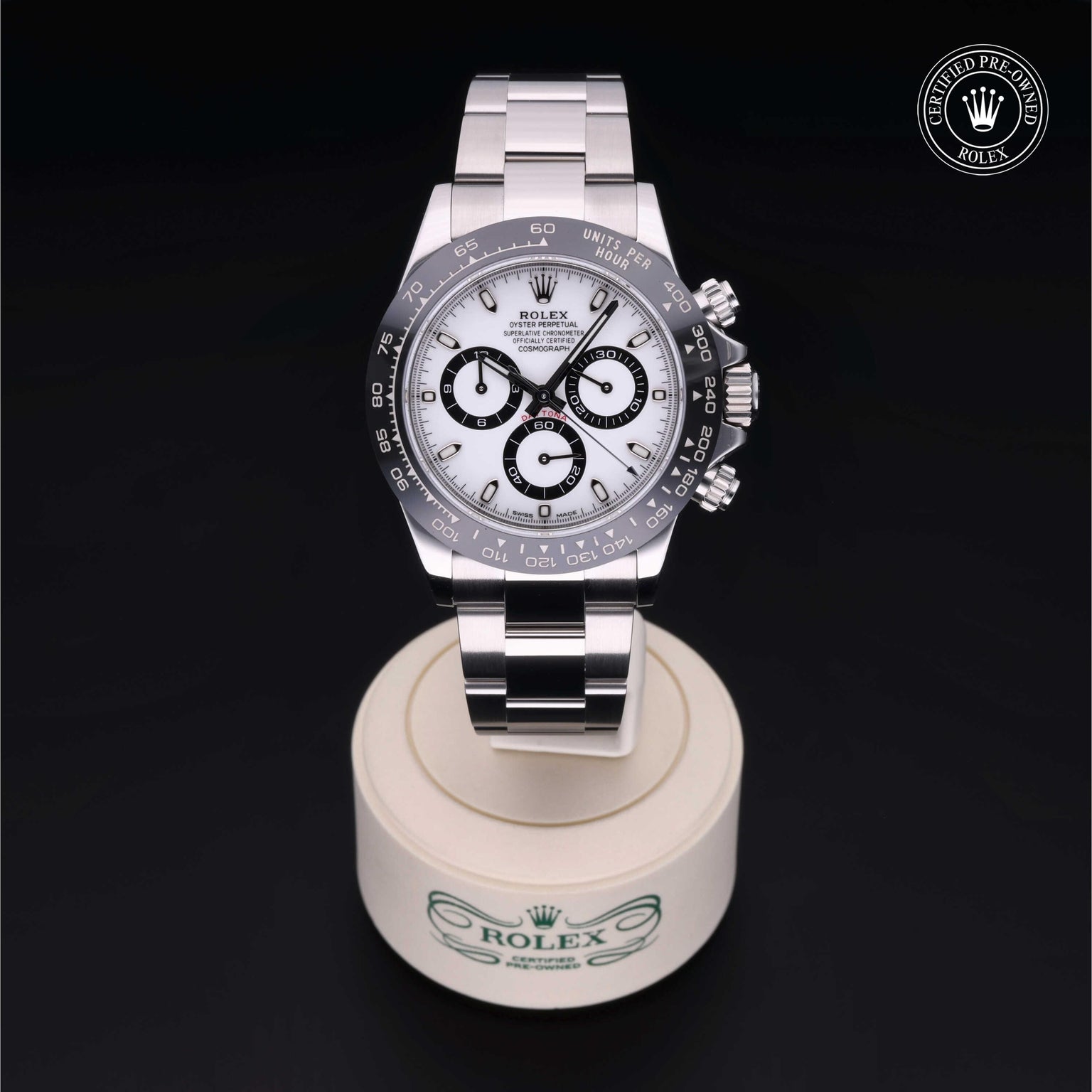 Rolex Certified Pre-owned Daytona M116500LN-0001 front on black background