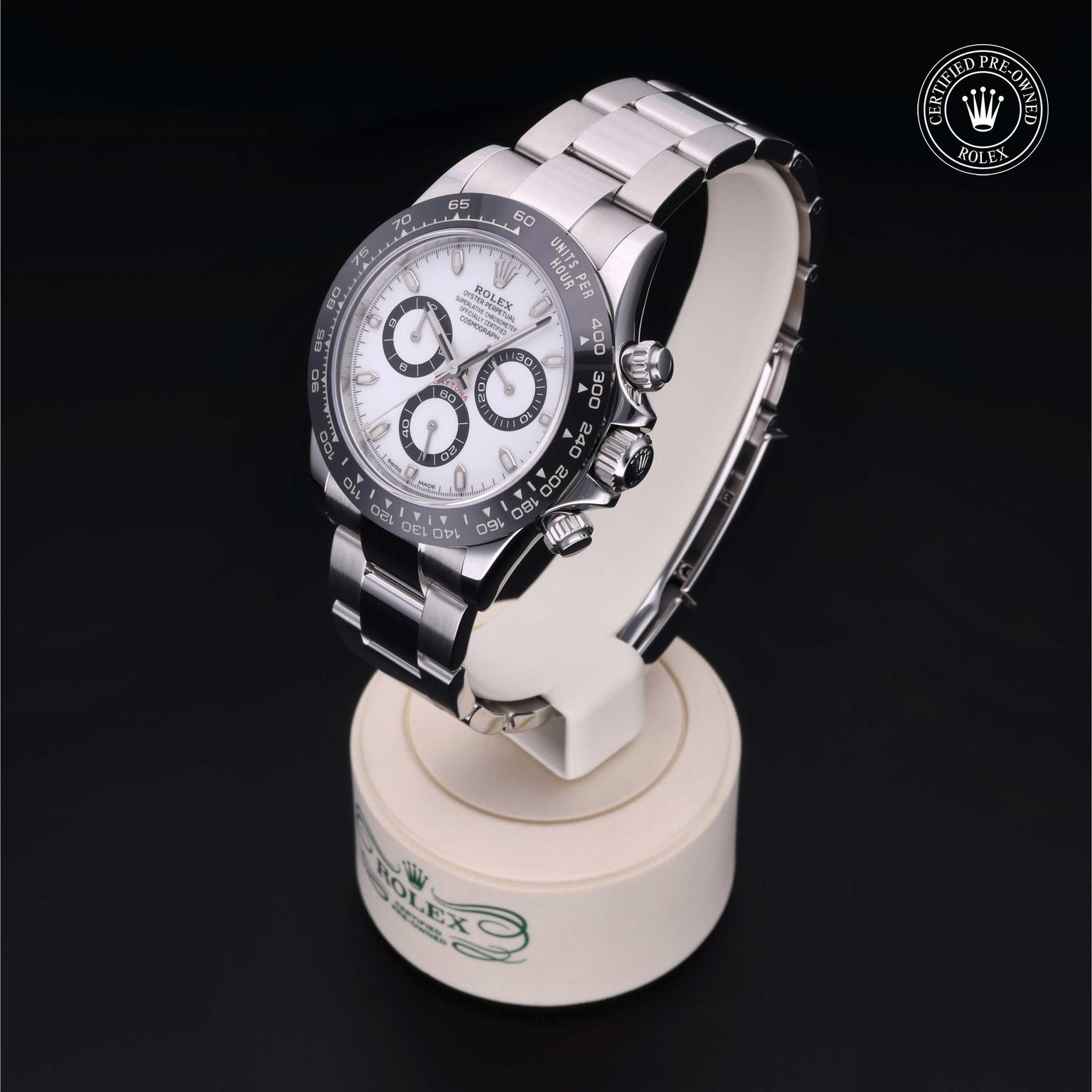 Rolex Certified Pre-owned Daytona M116500LN-0001 front on black background