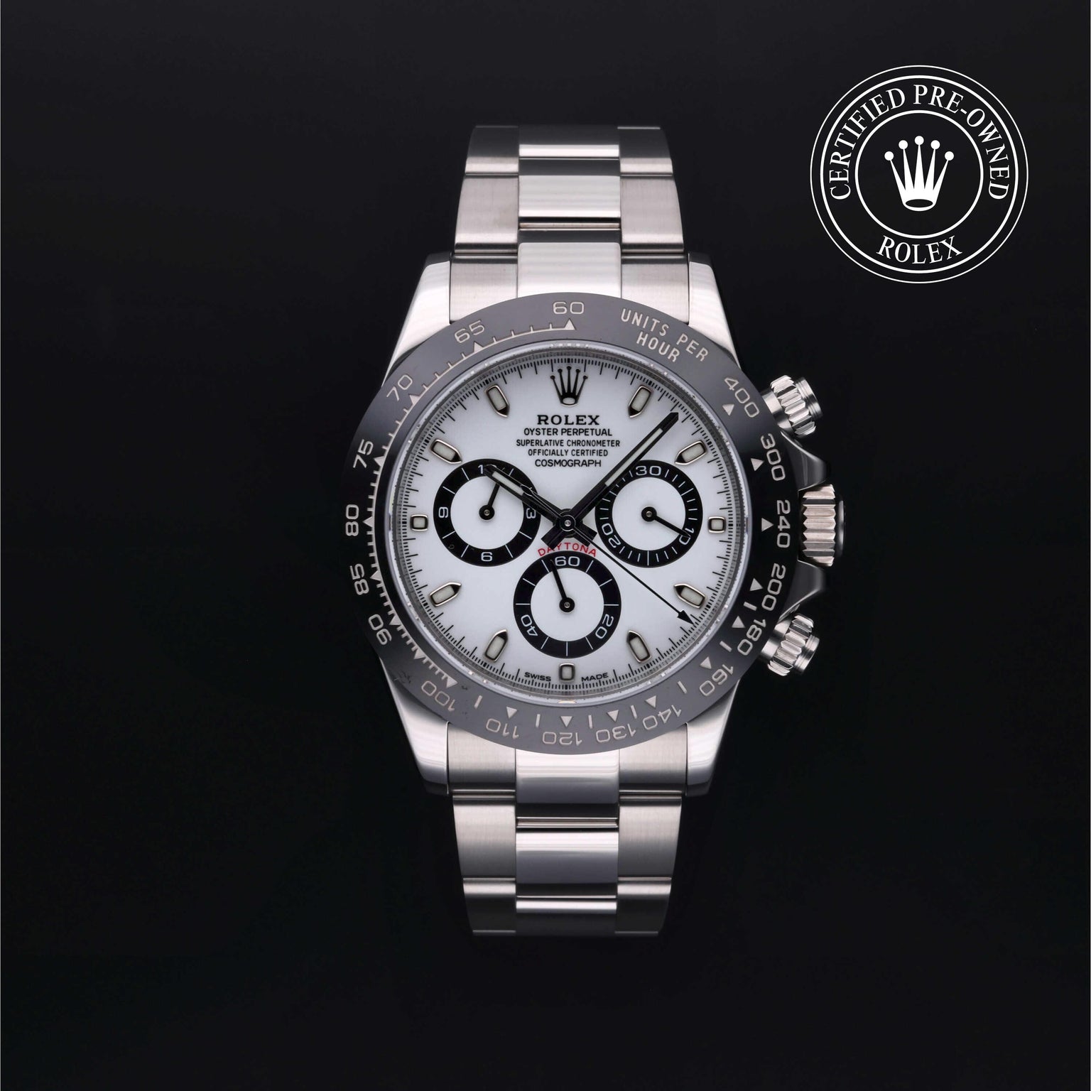 Rolex Certified Pre-owned Daytona M116500LN-0001 front on black background