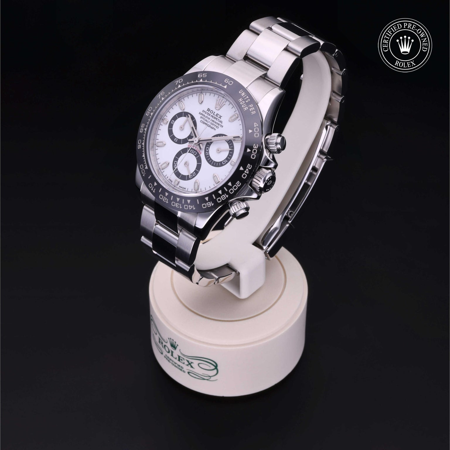 Rolex Certified Pre-owned Daytona M116500LN-0001 front on black background