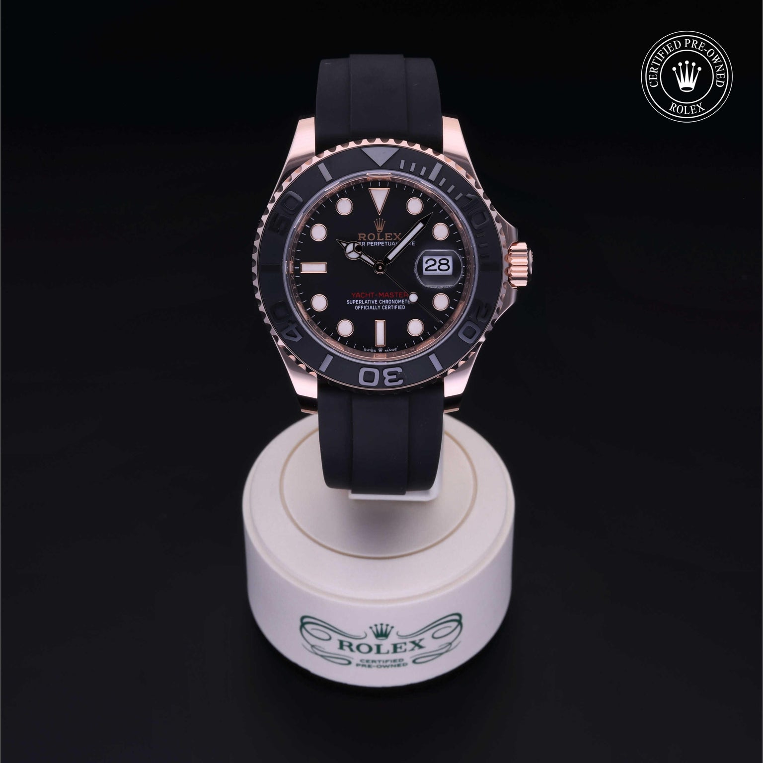 Rolex Certified Pre-owned Yacht-Master M126655-0002 front on black background