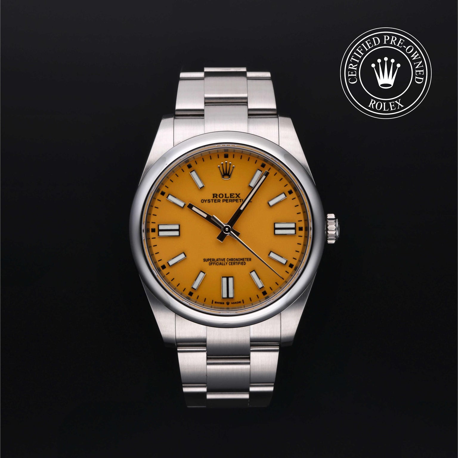 Rolex Certified Pre-owned Oyster Perpetual M124300-0004 front on black background