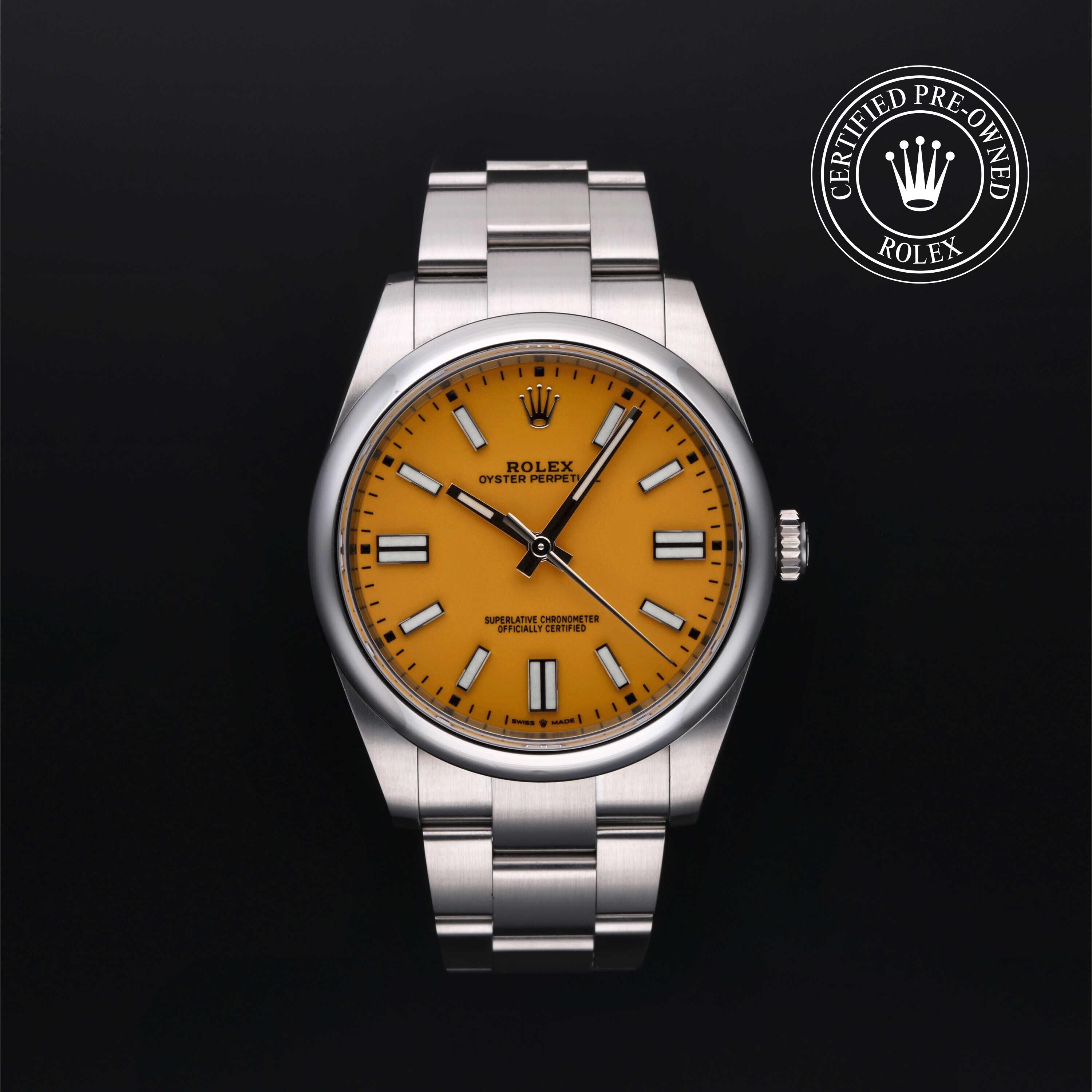 Rolex Certified Pre-owned Oyster Perpetual M124300-0004 front on black background