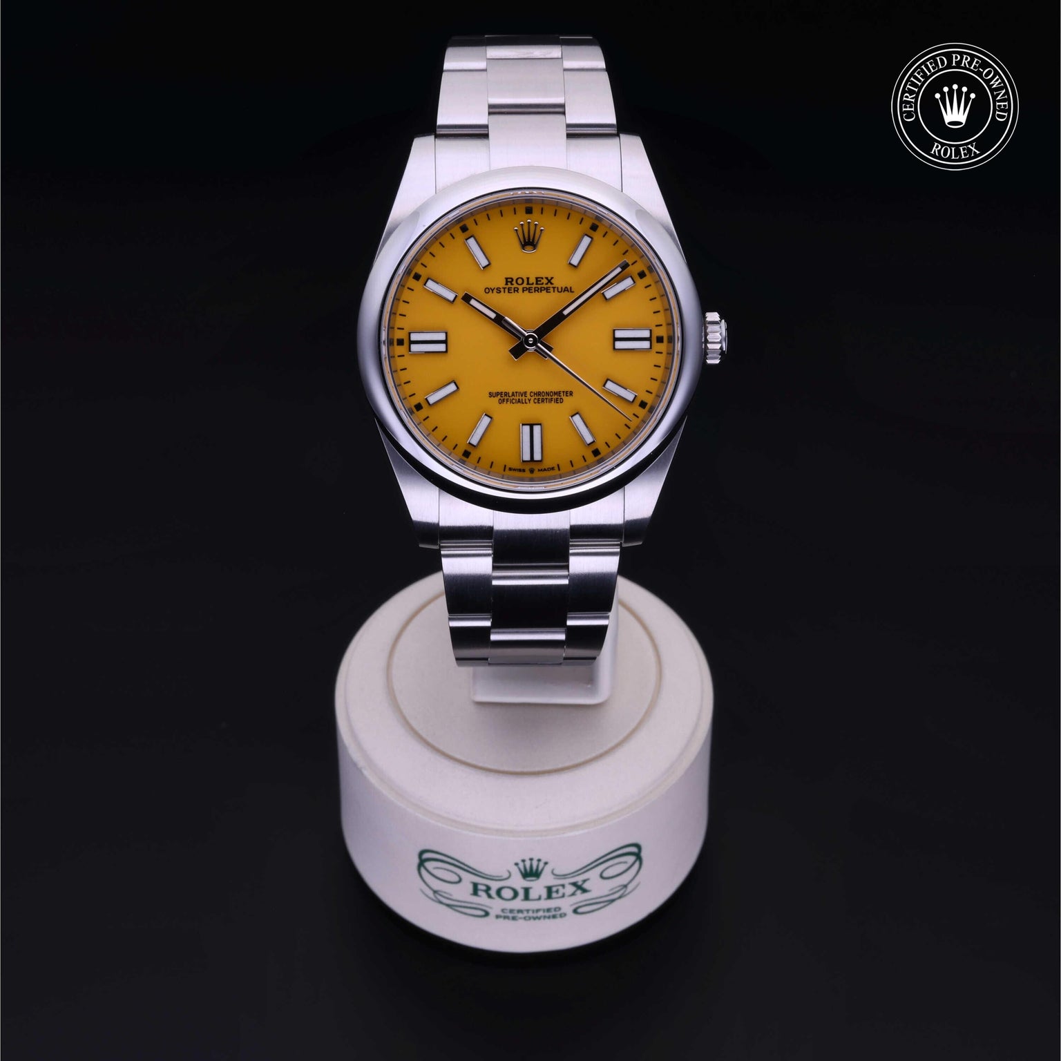 Rolex Certified Pre-owned Oyster Perpetual M124300-0004 front on black background