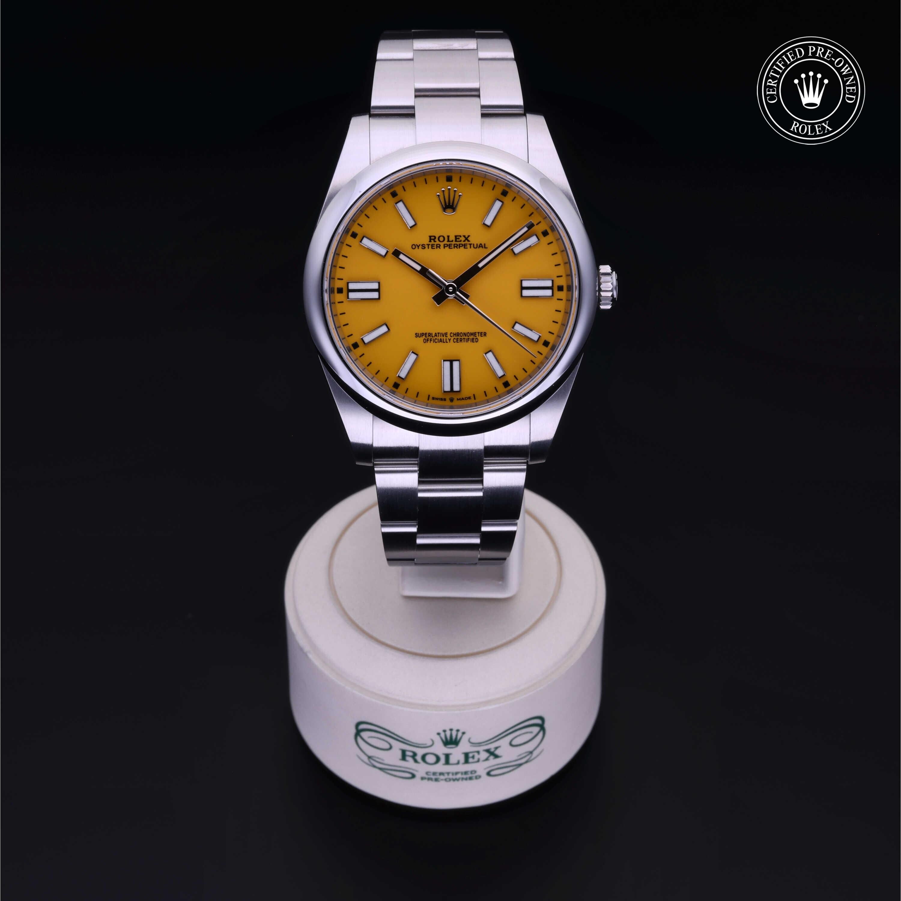 Rolex Certified Pre-owned Oyster Perpetual M124300-0004 front on black background