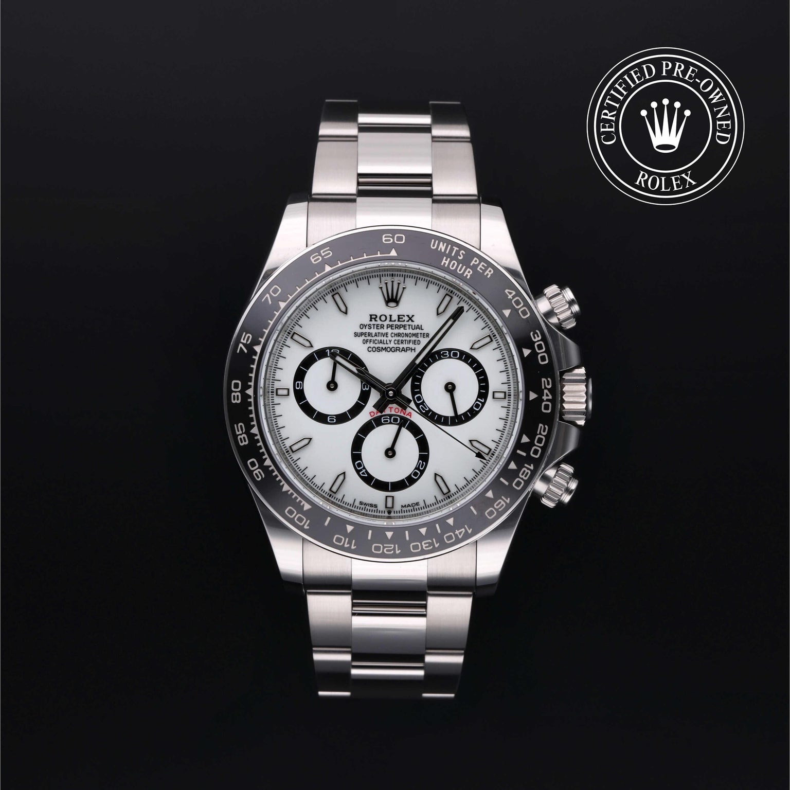 Rolex Certified Pre-owned Daytona M126500LN-0001 front on black background