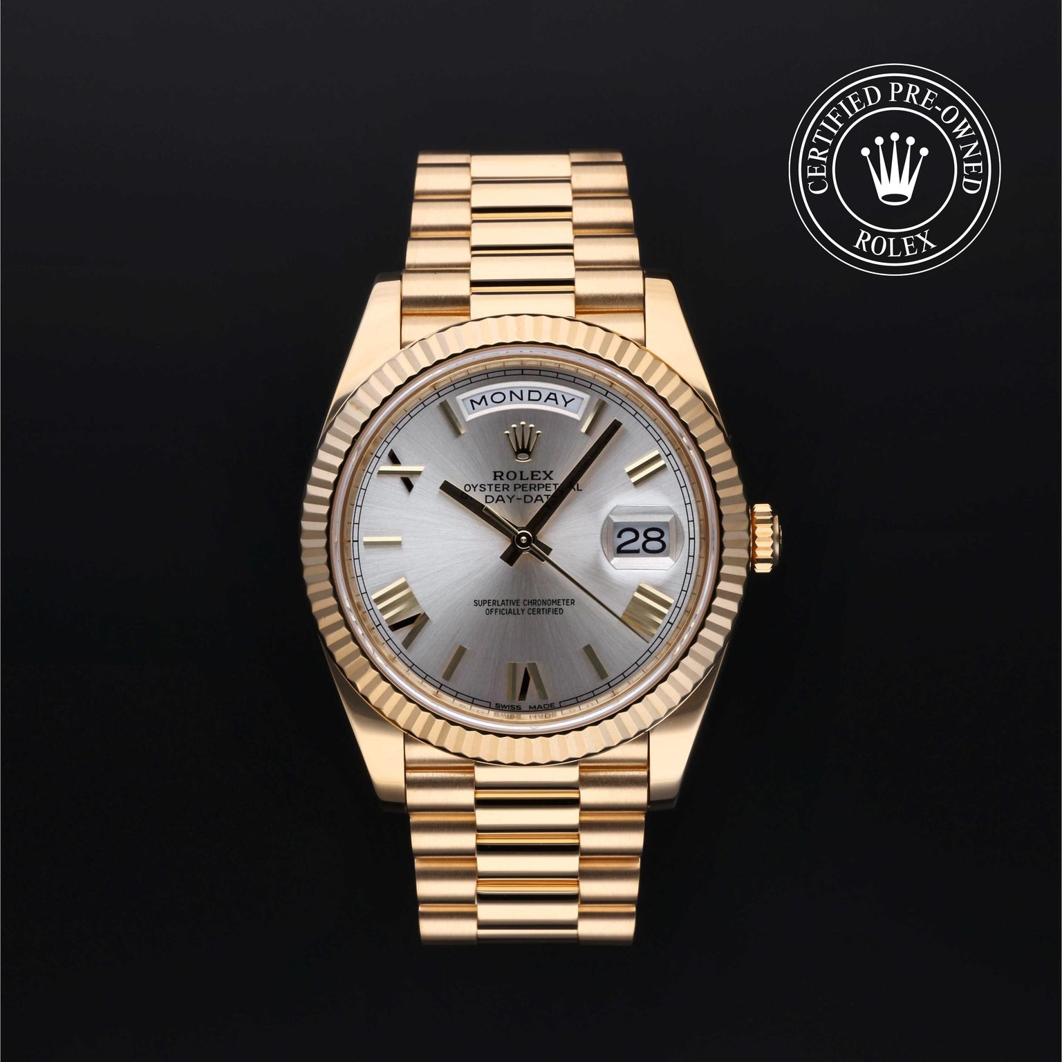Rolex Certified Pre-owned Day-date M228238-0002 front on black background